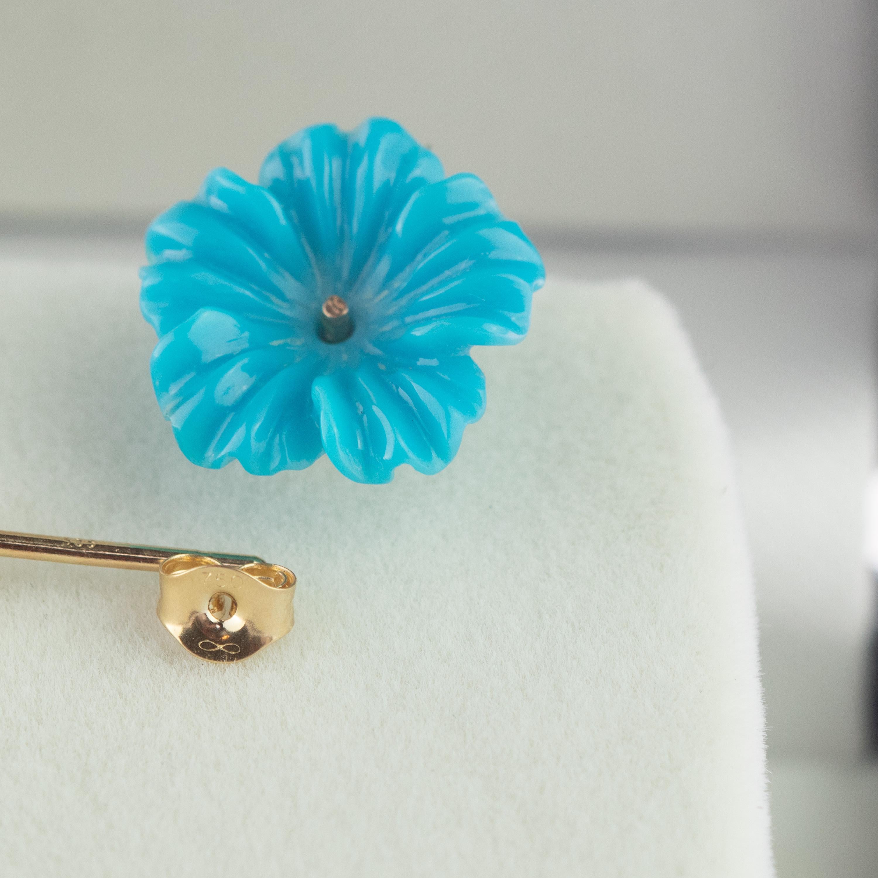 Women's 18 Karat Gold Turquoise Flower Handmade Italian Girl Carved Stud Earrings