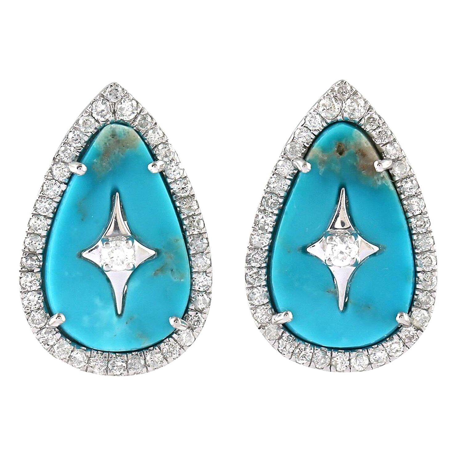 Turquoise Diamond 18 Karat Gold Star Stud Earrings