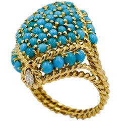 18 Karat Gold Turquoise Ring with Diamond Accents