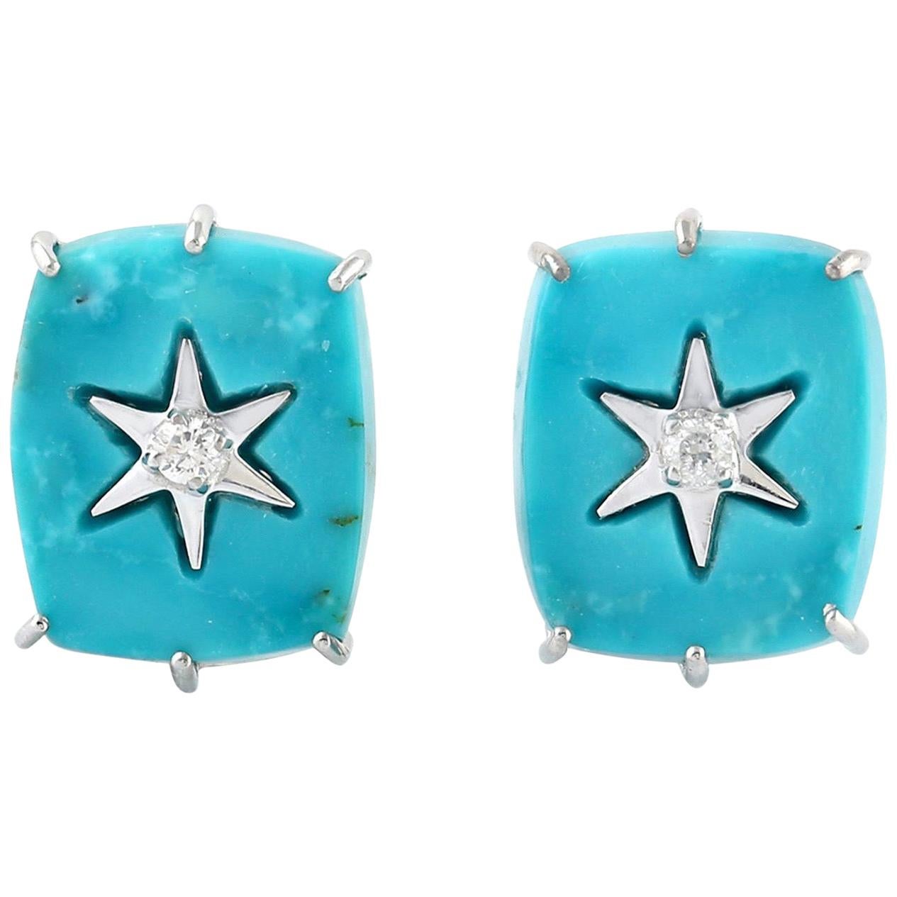 18 Karat Gold Turquoise Square Star Diamond Stud Earrings