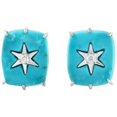 18 Karat Gold Turquoise Square Star Diamond Stud Earrings