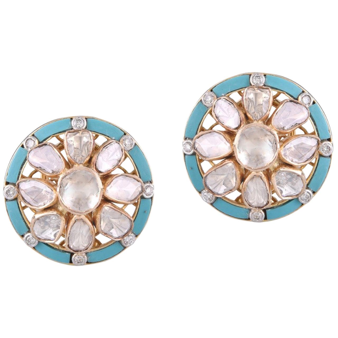 18 Karat Gold Turquoise Uncut White Diamond Stud Earring