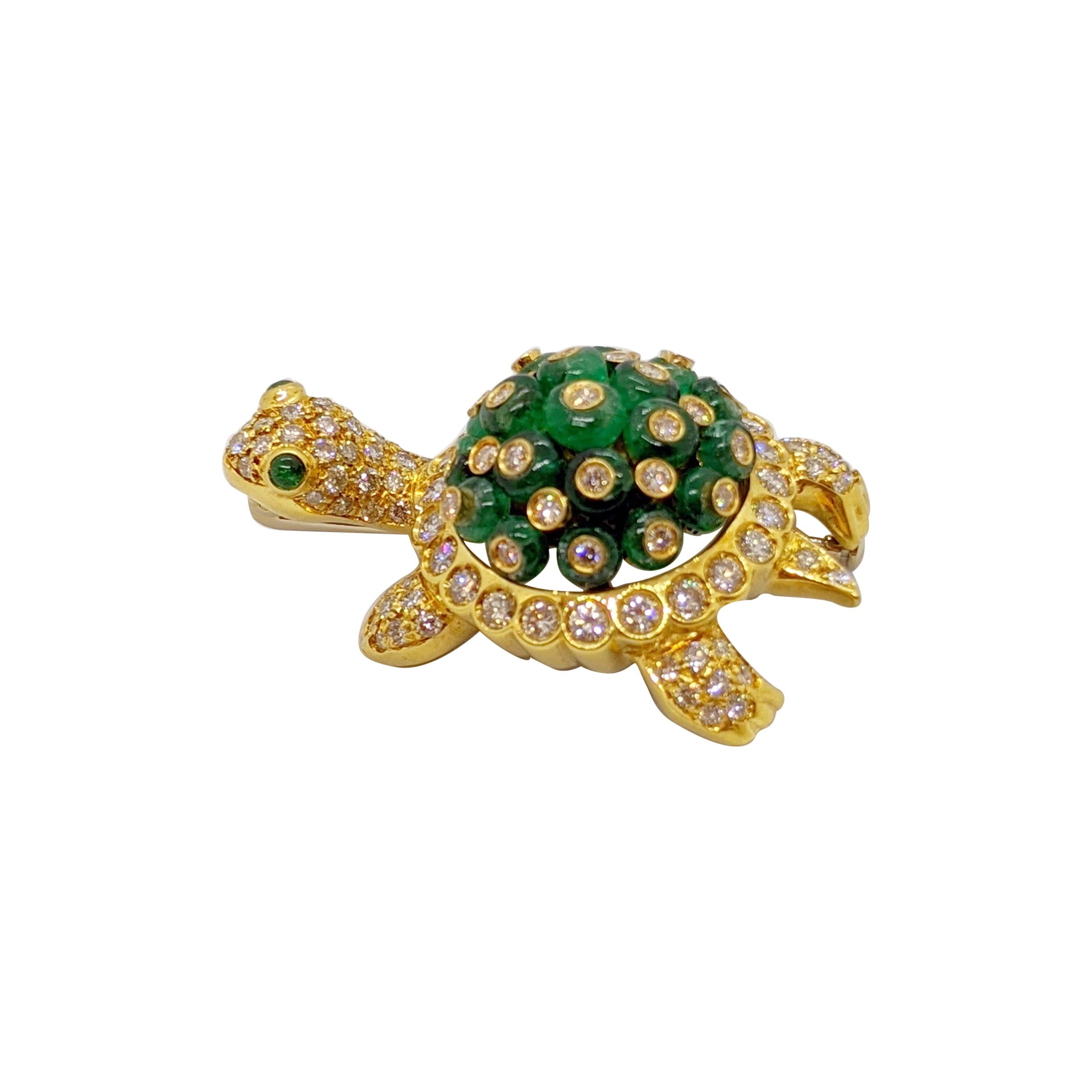 18 Karat Gold Turtle Brooch with 6.33 Carat Beaded Emeralds & 2.92 Ct. Diamonds For Sale