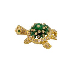 Vintage 18 Karat Gold Turtle Brooch with 6.33 Carat Beaded Emeralds & 2.92 Ct. Diamonds