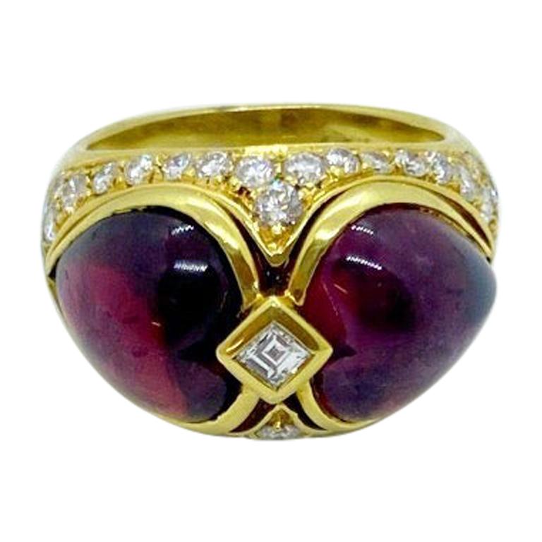 18 Karat Gold Twin 8.25 Carat Rubellite Hearts Ring with 1.14 Carat Diamonds