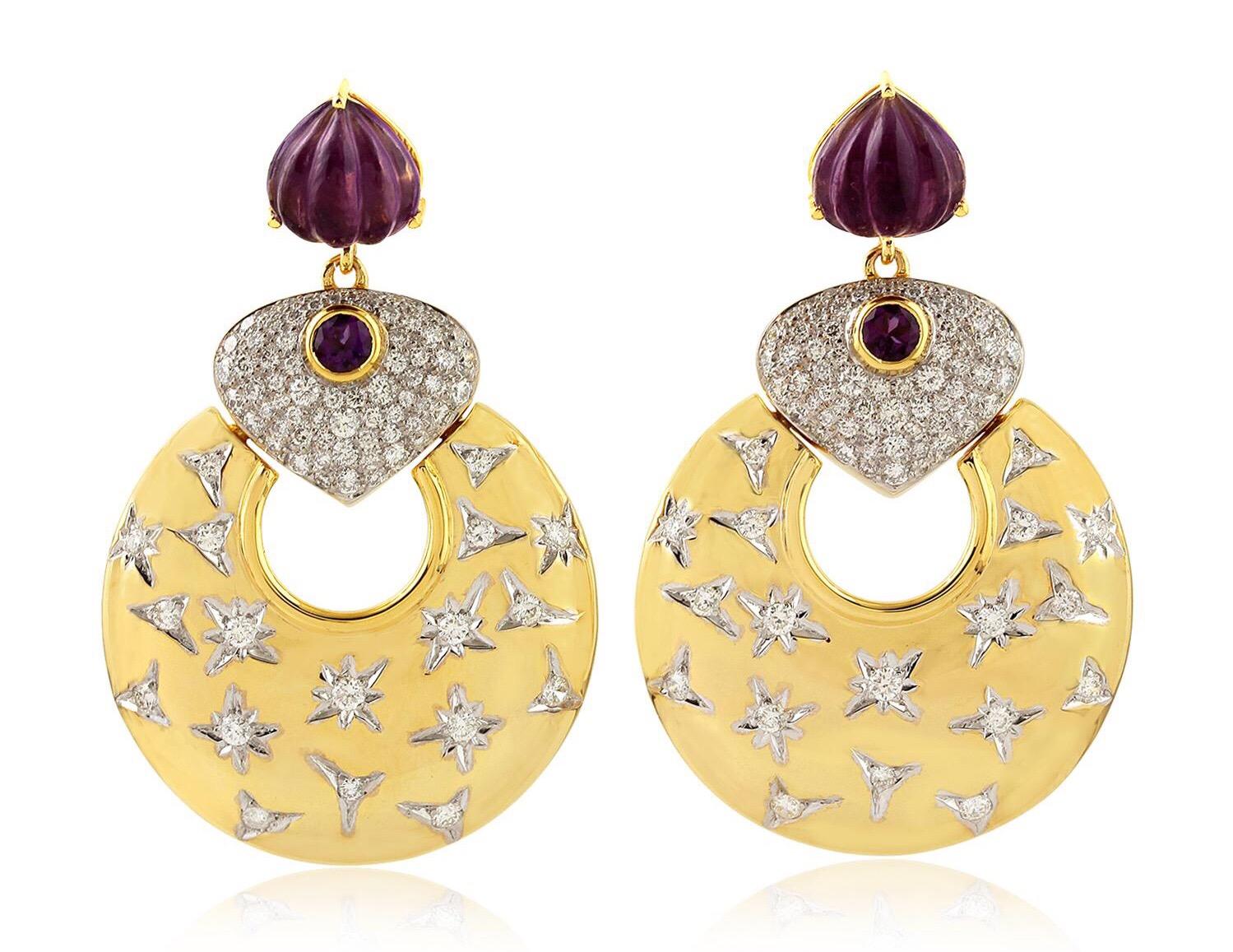 Contemporary Carved Amethyst Diamond 14 Karat Gold Twinkling Star Earrings For Sale