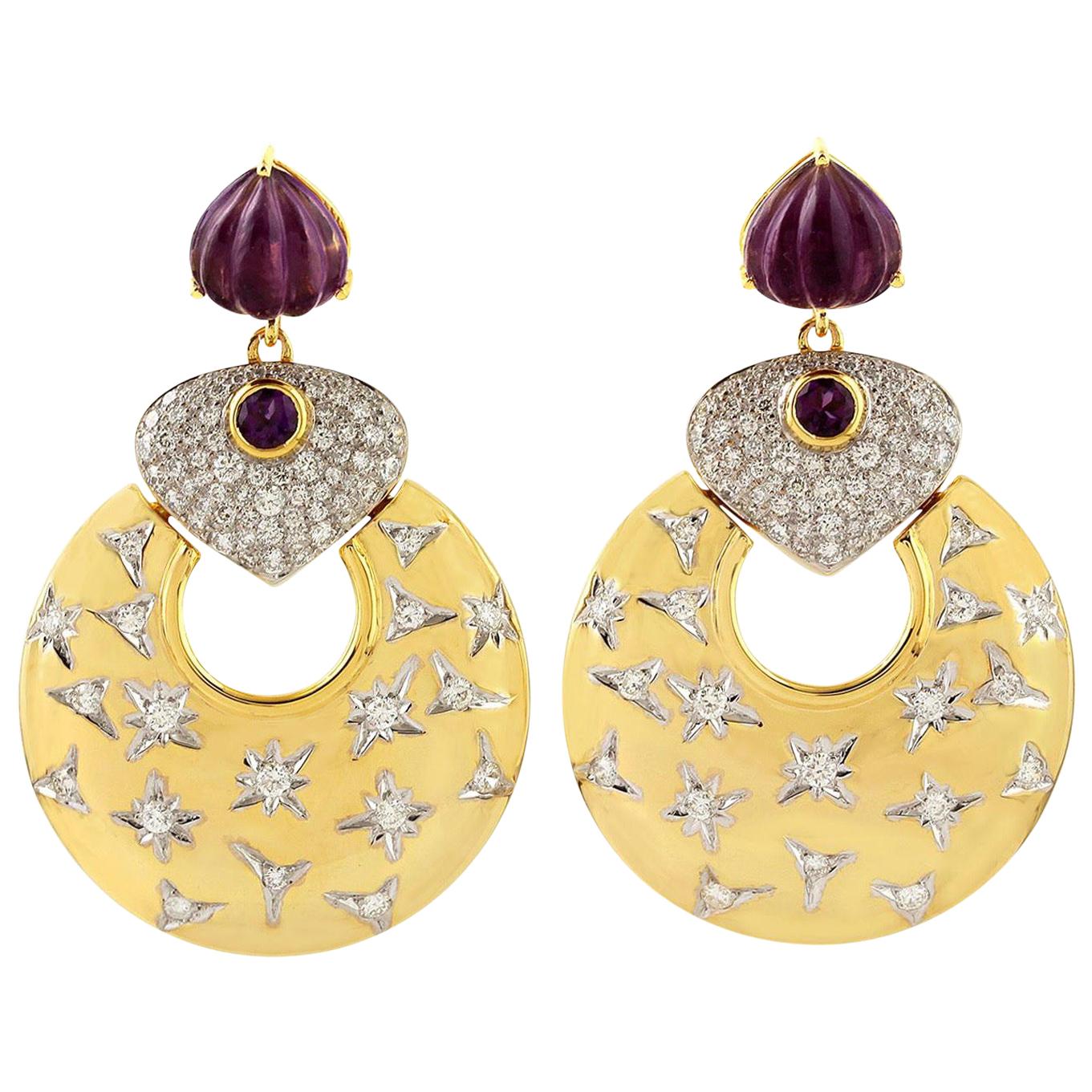 Carved Amethyst Diamond 14 Karat Gold Twinkling Star Earrings For Sale