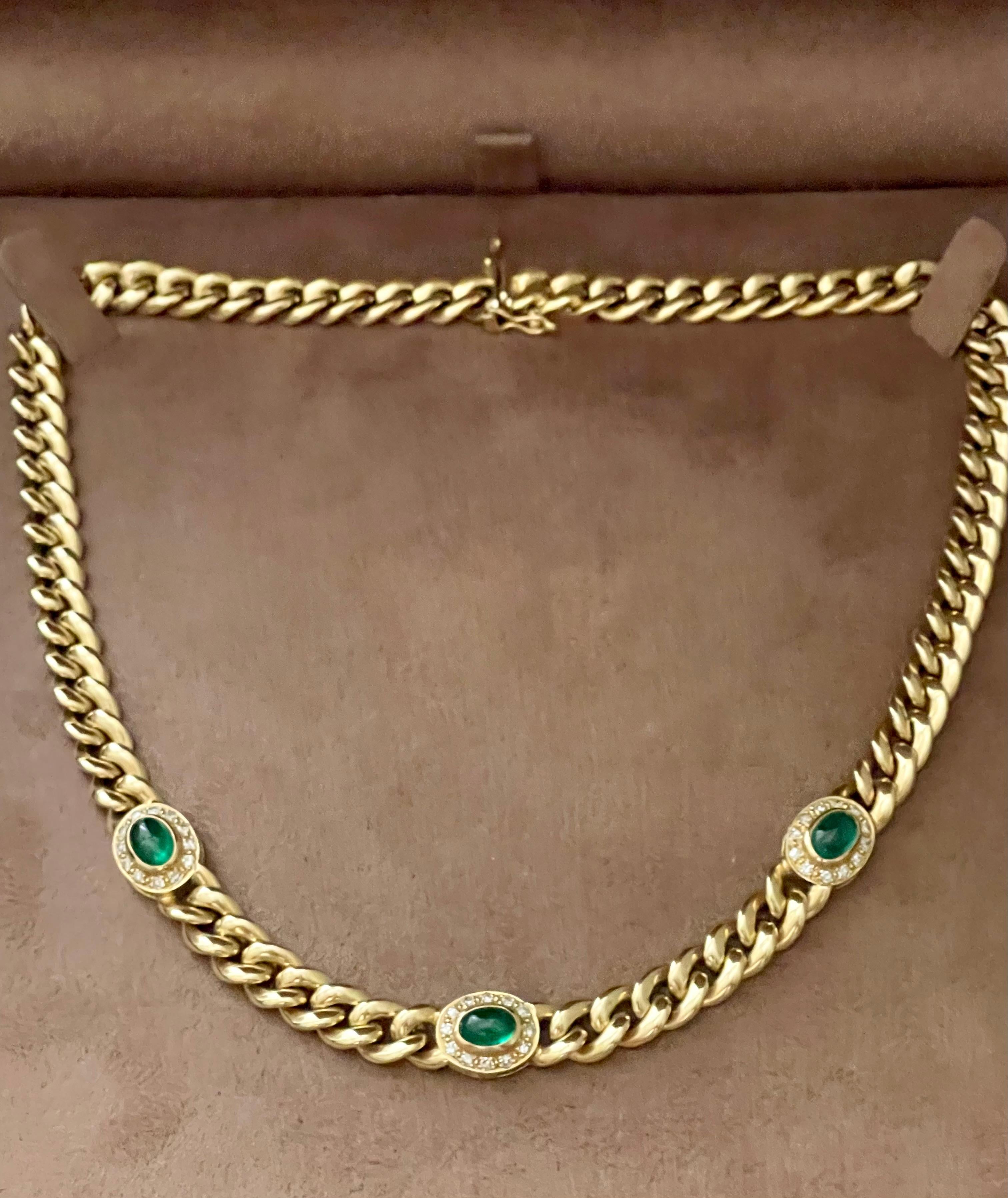 18 Karat Gold Twisted Curb Chain Necklace Emerald Cabochons Diamonds by Bucherer 4
