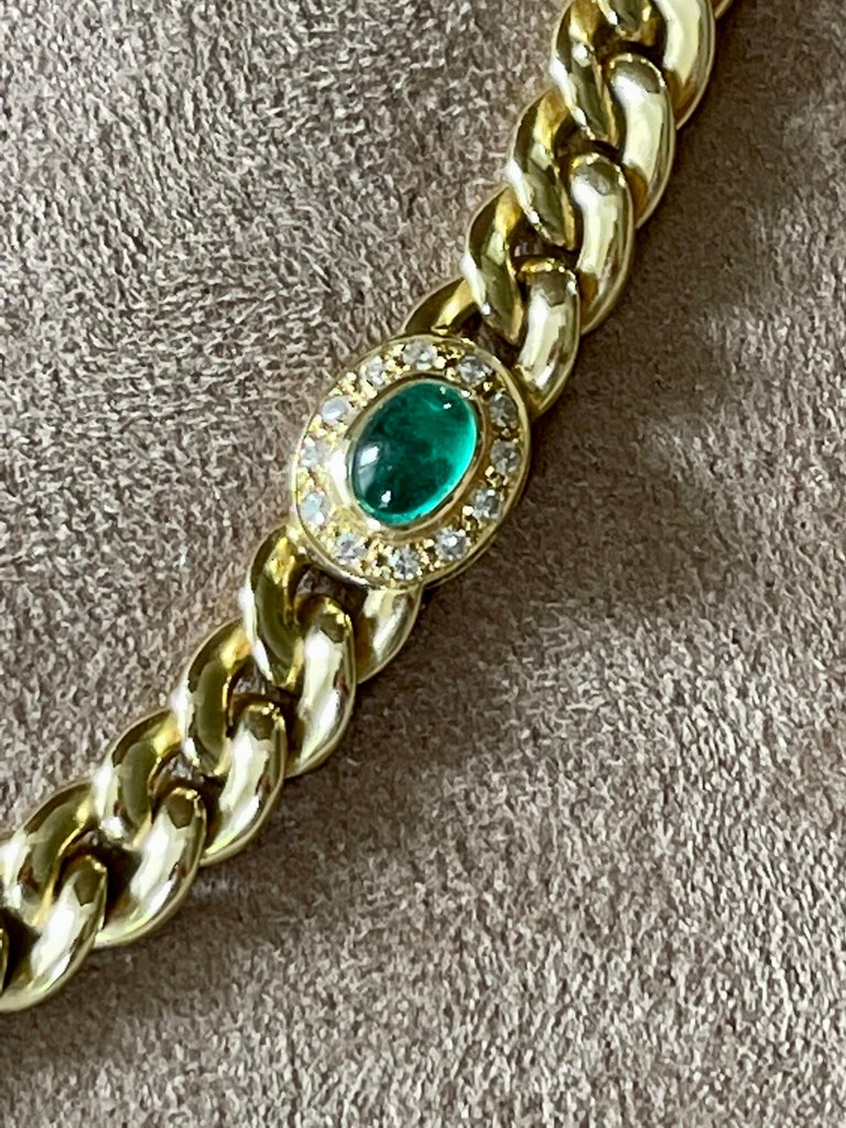 18 Karat Gold Twisted Curb Chain Necklace Emerald Cabochons Diamonds by