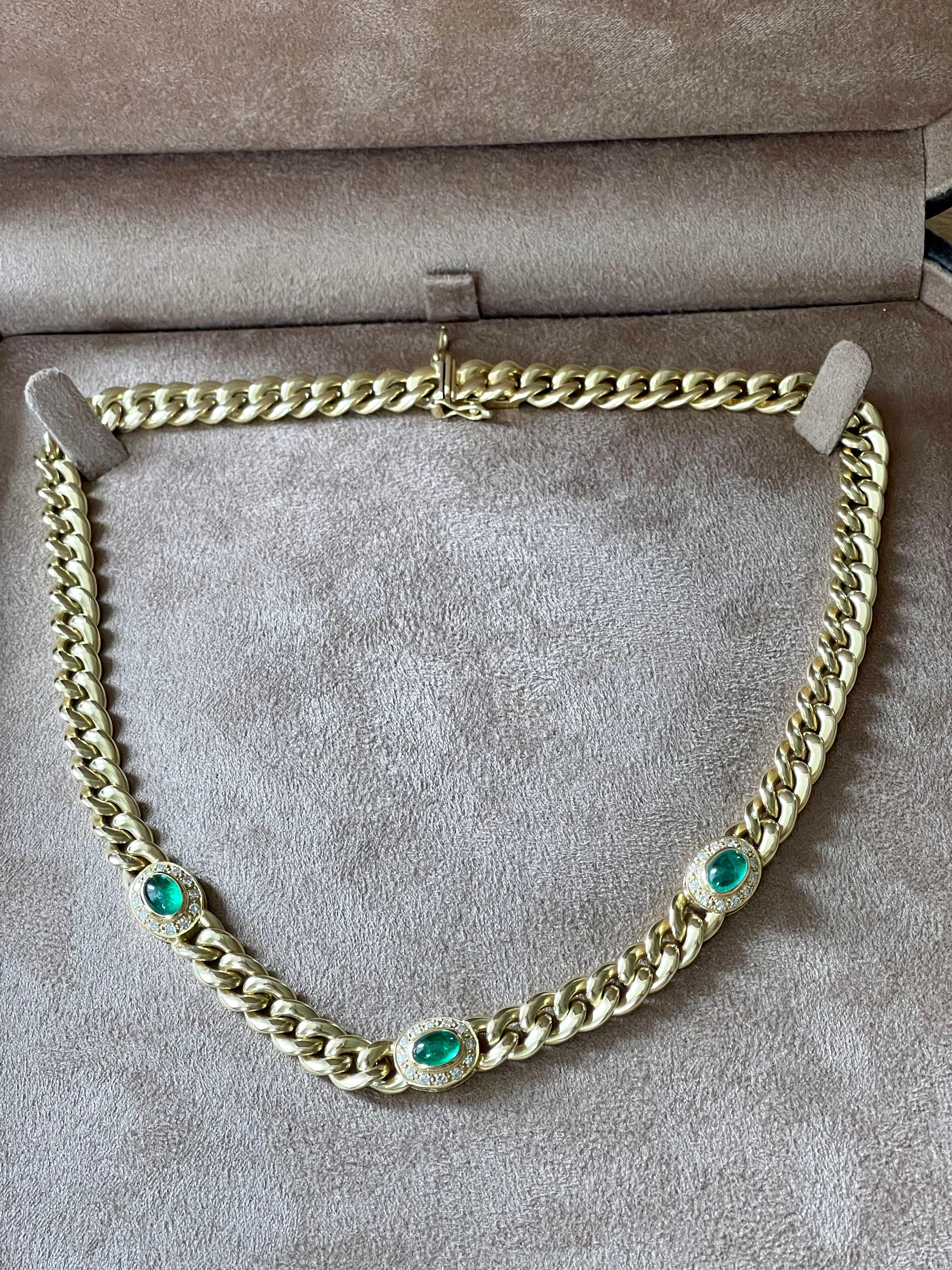 18 Karat Gold Twisted Curb Chain Necklace Emerald Cabochons Diamonds by Bucherer 6