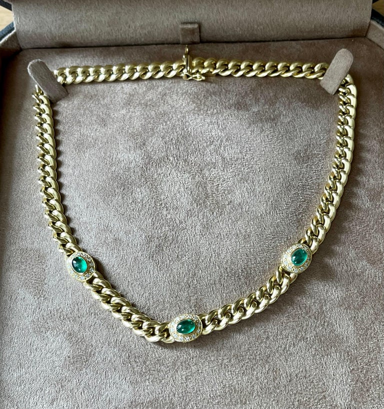 18 Karat Gold Twisted Curb Chain Necklace Emerald Cabochons Diamonds by