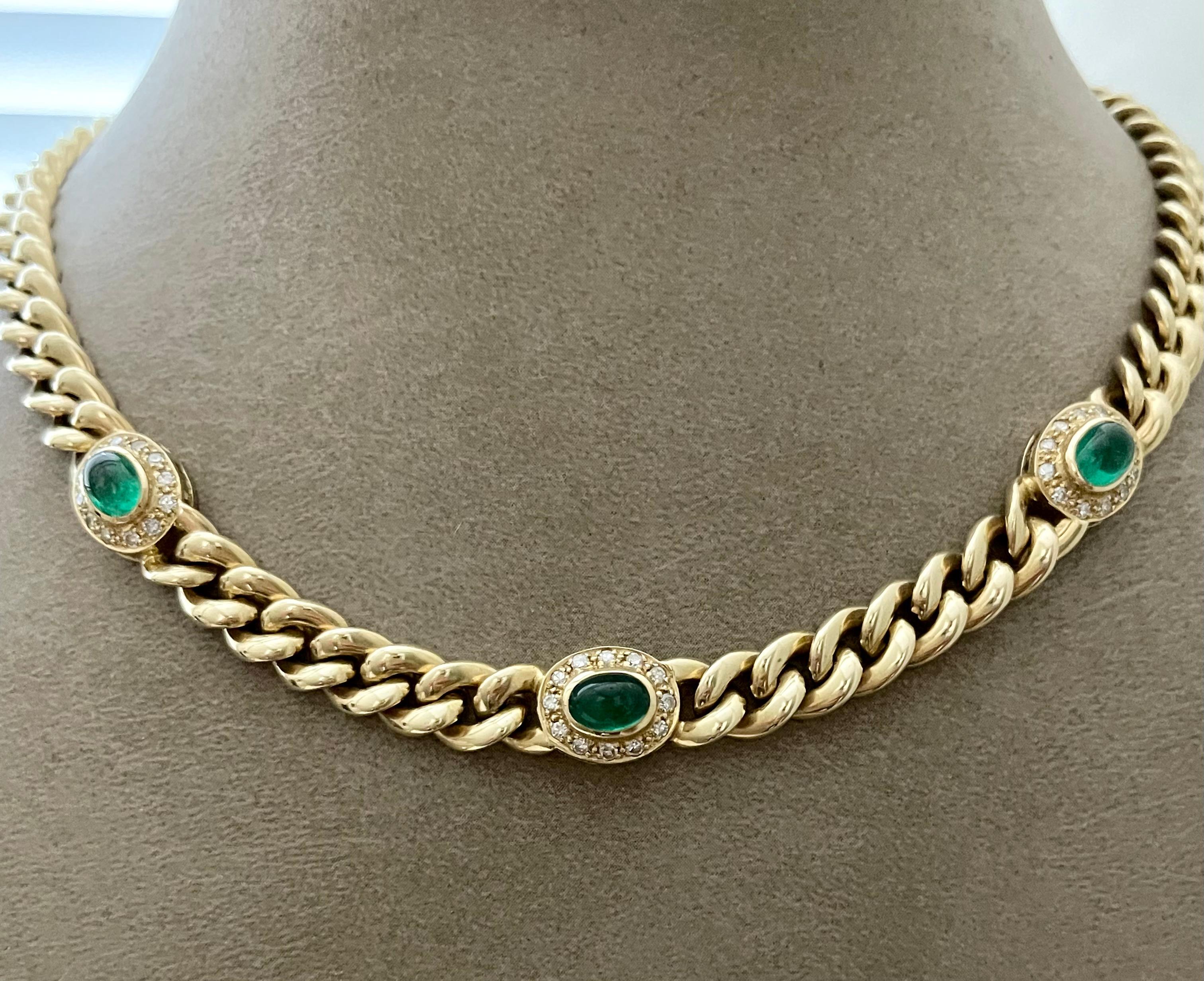 18K yellow Gold Twisted Curb Chain Necklace with 3 Bezel-Set Oval Emerald Cabochons in a Diamond surrounding. Signed Bucherer Lucerne Switzerland. 
Length: 40 cm. Weight: 78.74 grams. 
The necklace can be shortened to a custom length
Masterfully