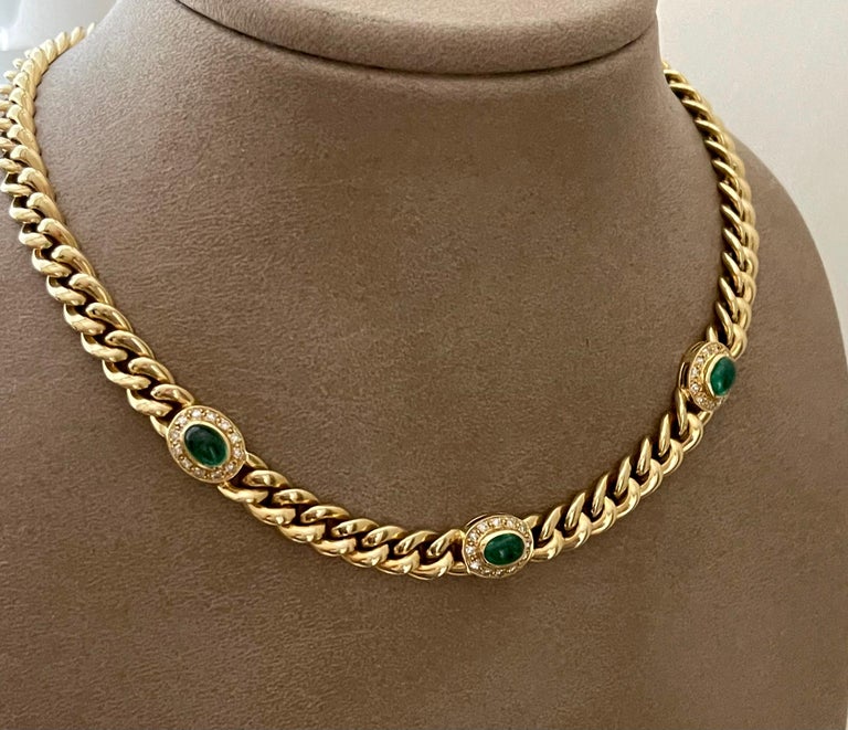 18 Karat Gold Twisted Curb Chain Necklace Emerald Cabochons Diamonds by
