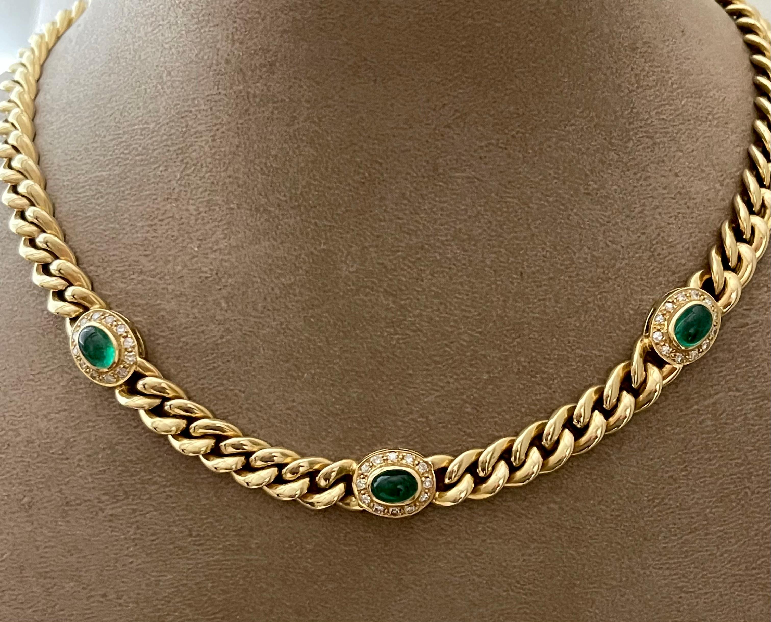 Women's 18 Karat Gold Twisted Curb Chain Necklace Emerald Cabochons Diamonds by Bucherer