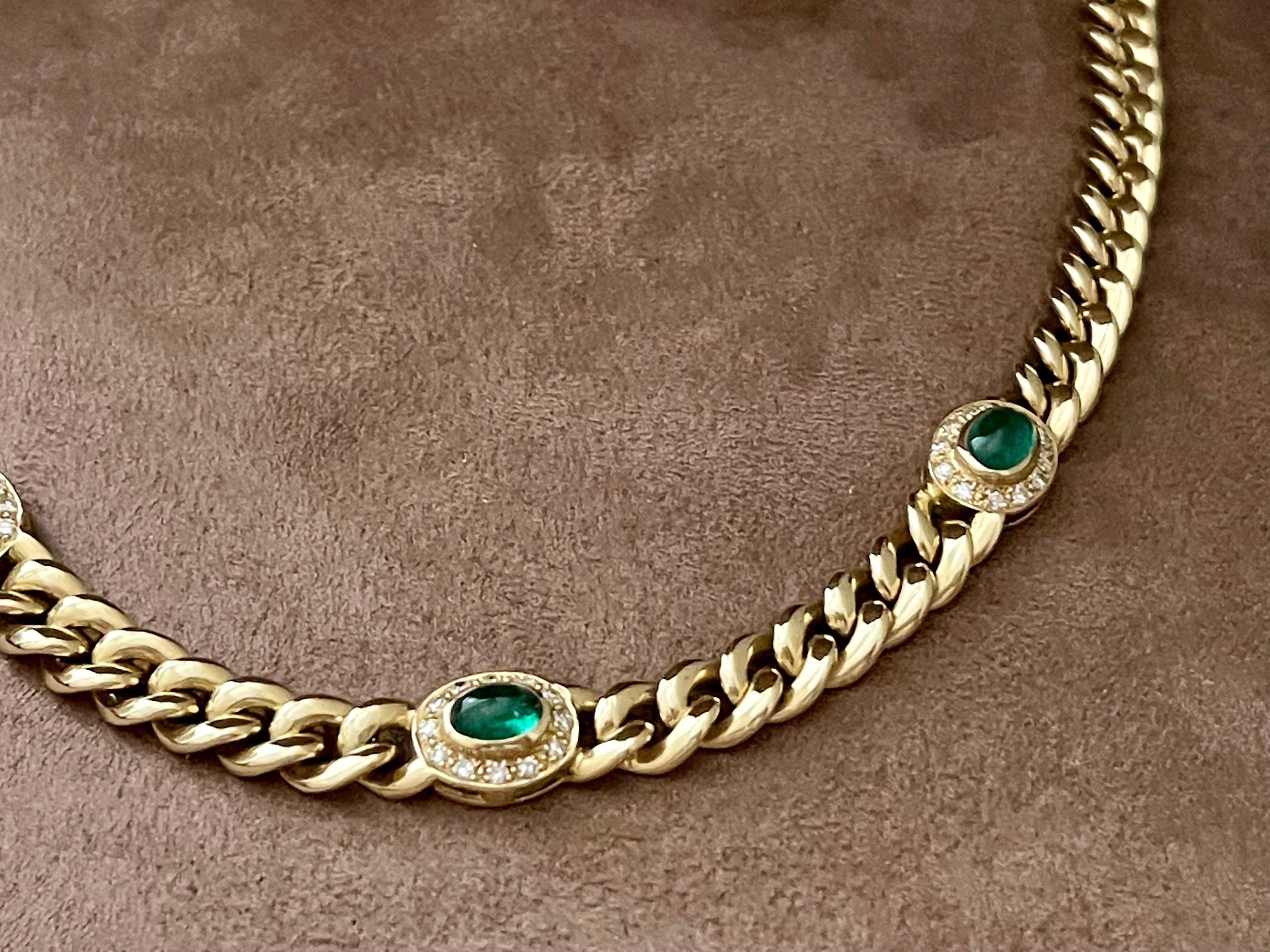 18 Karat Gold Twisted Curb Chain Necklace Emerald Cabochons Diamonds by Bucherer 2