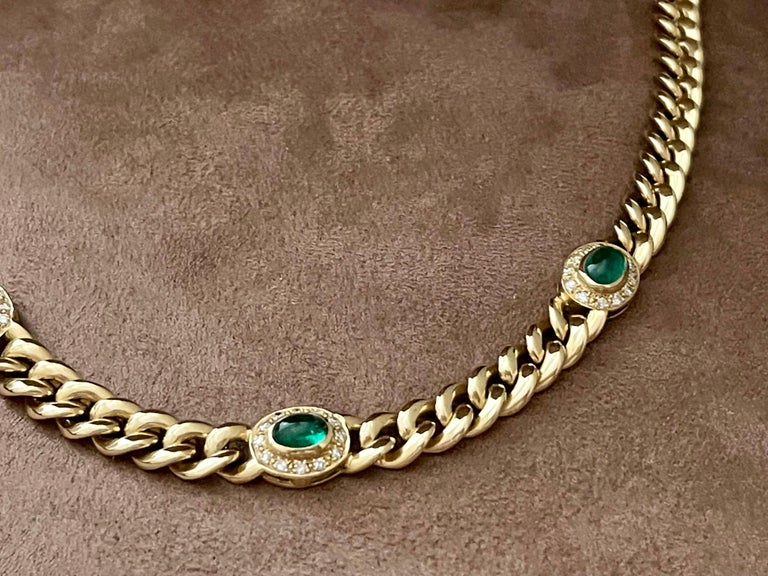 18 Karat Gold Twisted Curb Chain Necklace Emerald Cabochons Diamonds by