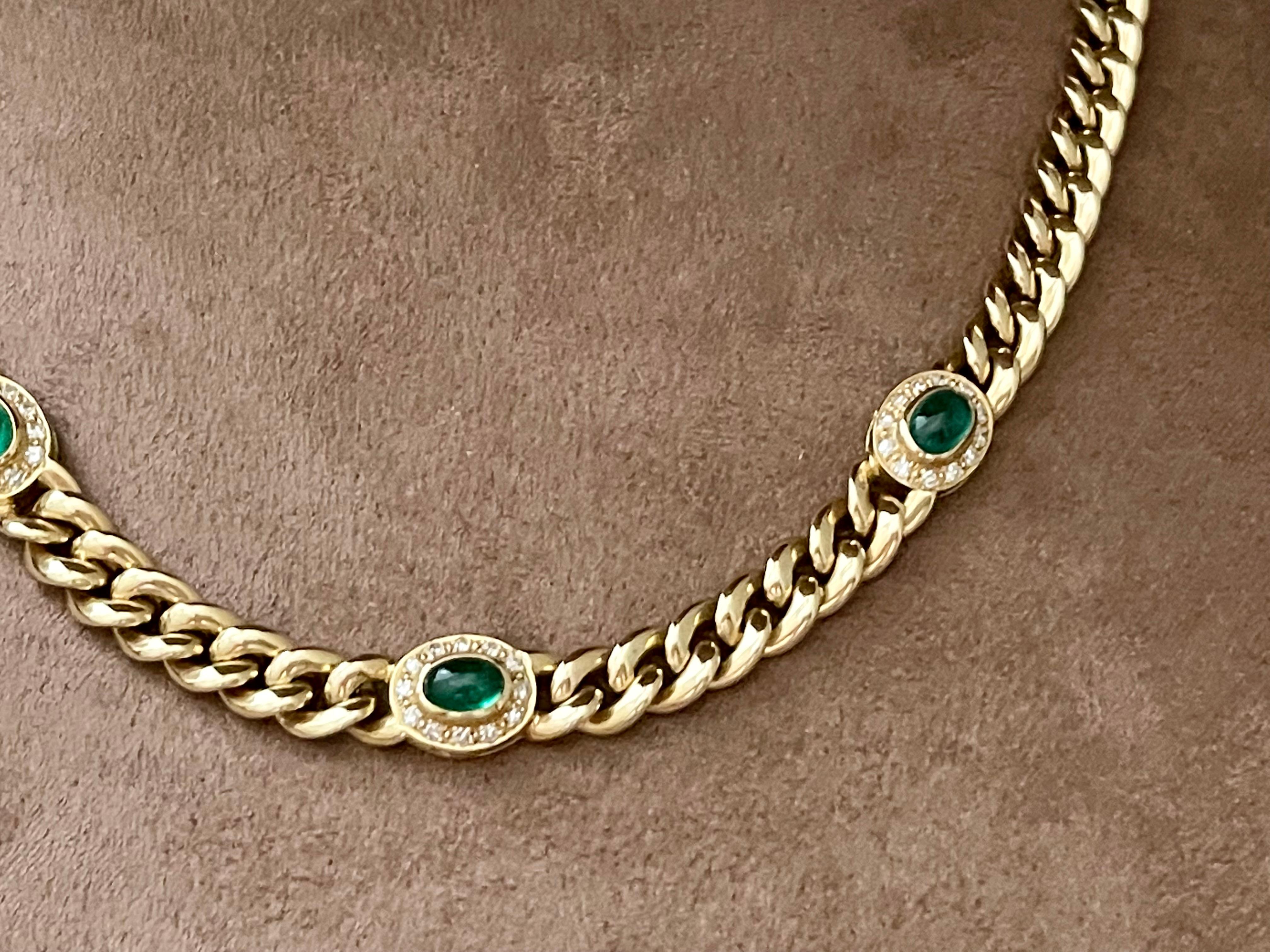 18 Karat Gold Twisted Curb Chain Necklace Emerald Cabochons Diamonds by Bucherer 3