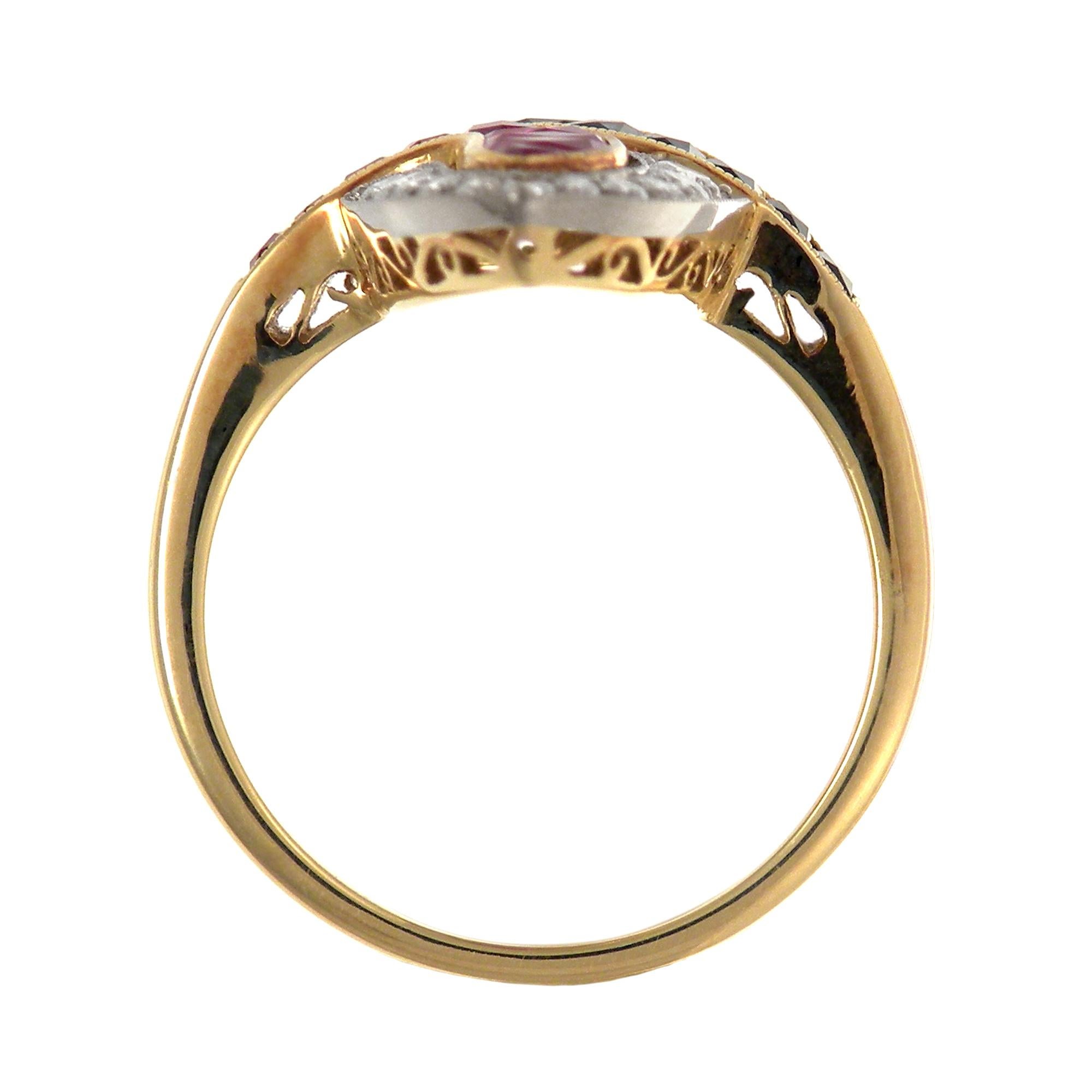 This lovely Antique Sapphire and Ruby ring has been crafted in 18k gold two-tone setting. Ruby weight total 1.15 carats and Sapphire weight total 1.12 carats and further diamonds of 0.37 carats.

Ring size: 6.5