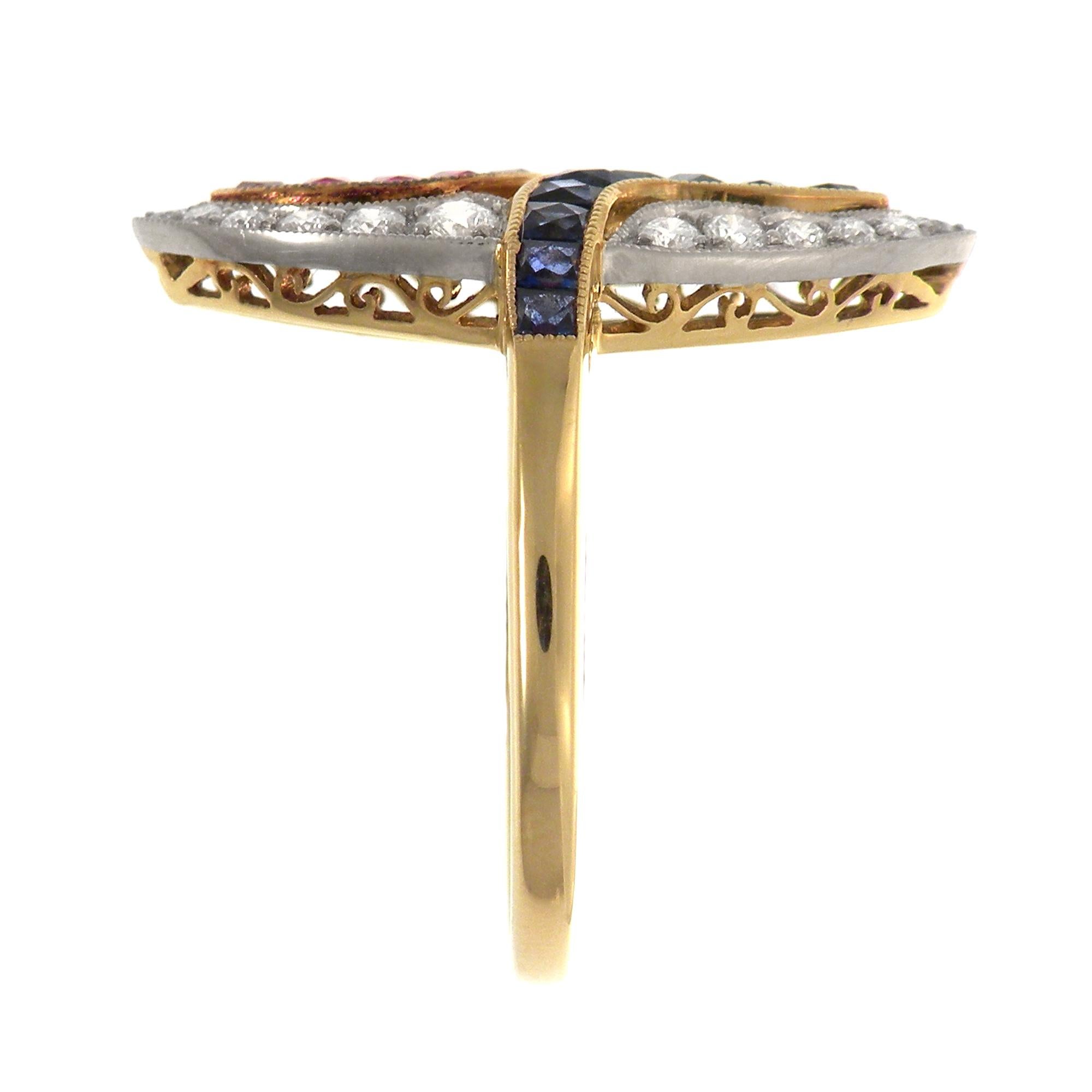Art Deco 18 Karat Gold Two-Tone Antique Sapphire and Ruby Ring For Sale