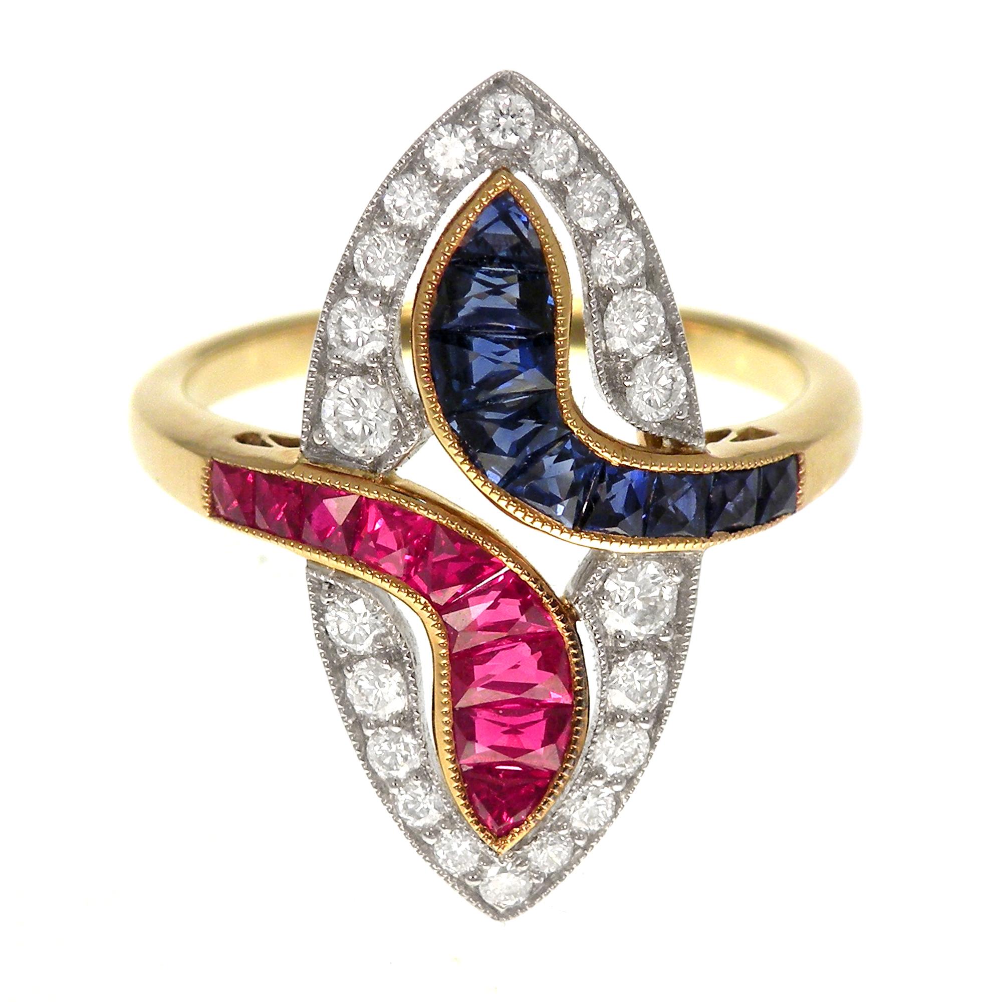 Round Cut 18 Karat Gold Two-Tone Antique Sapphire and Ruby Ring For Sale