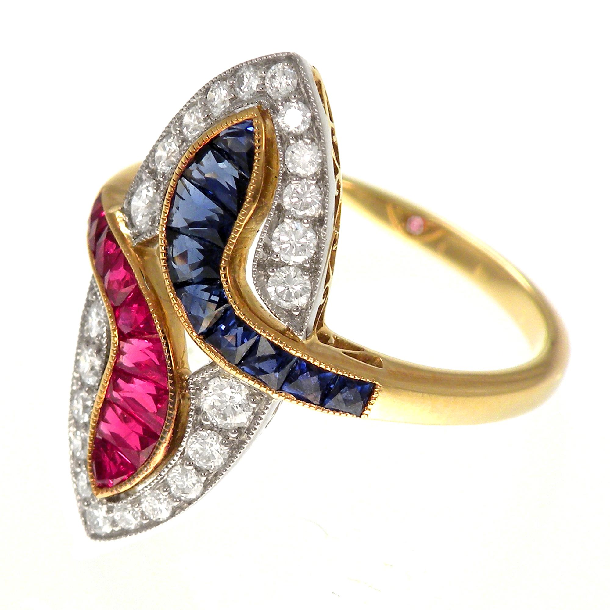 Women's or Men's 18 Karat Gold Two-Tone Antique Sapphire and Ruby Ring For Sale