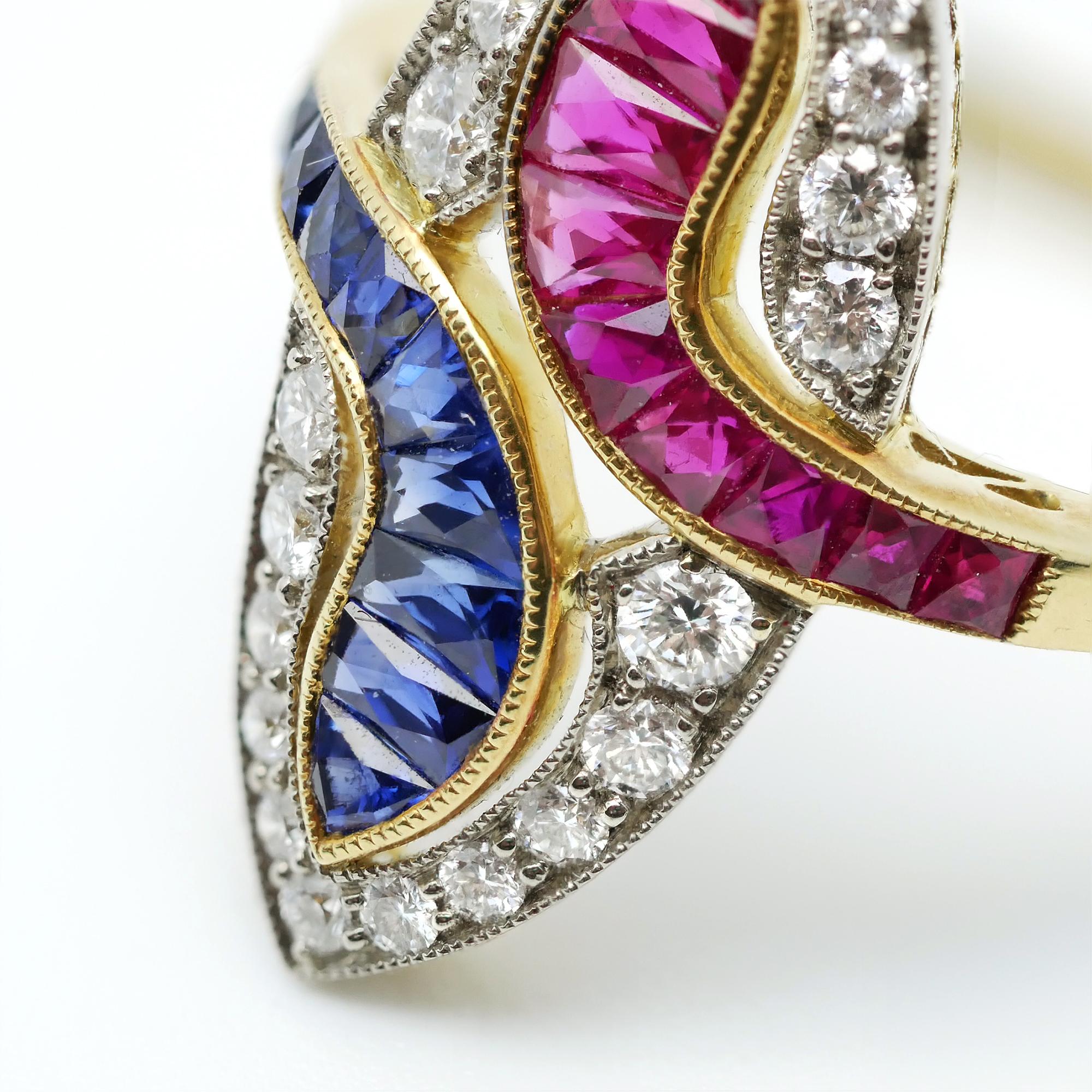 18 Karat Gold Two-Tone Antique Sapphire and Ruby Ring For Sale 2