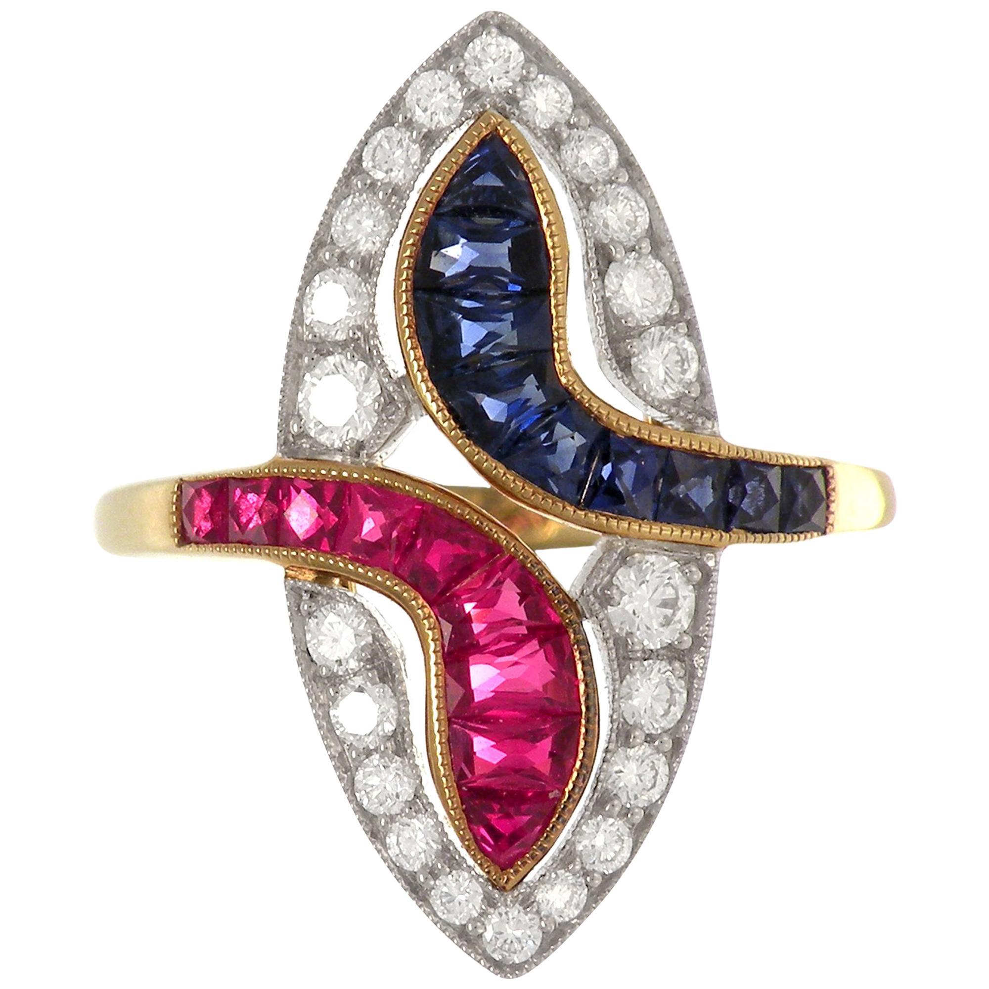18 Karat Gold Two-Tone Antique Sapphire and Ruby Ring For Sale