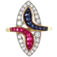 18 Karat Gold Two-Tone Antique Sapphire and Ruby Ring