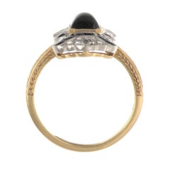 18 Karat Gold Two-Tone Art Deco Inspired Dark Sapphire, Onyx and Diamond Ring