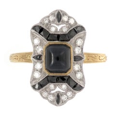18 Karat Gold Two-Tone Art Deco Inspired Dark Sapphire, Onyx and Diamond Ring