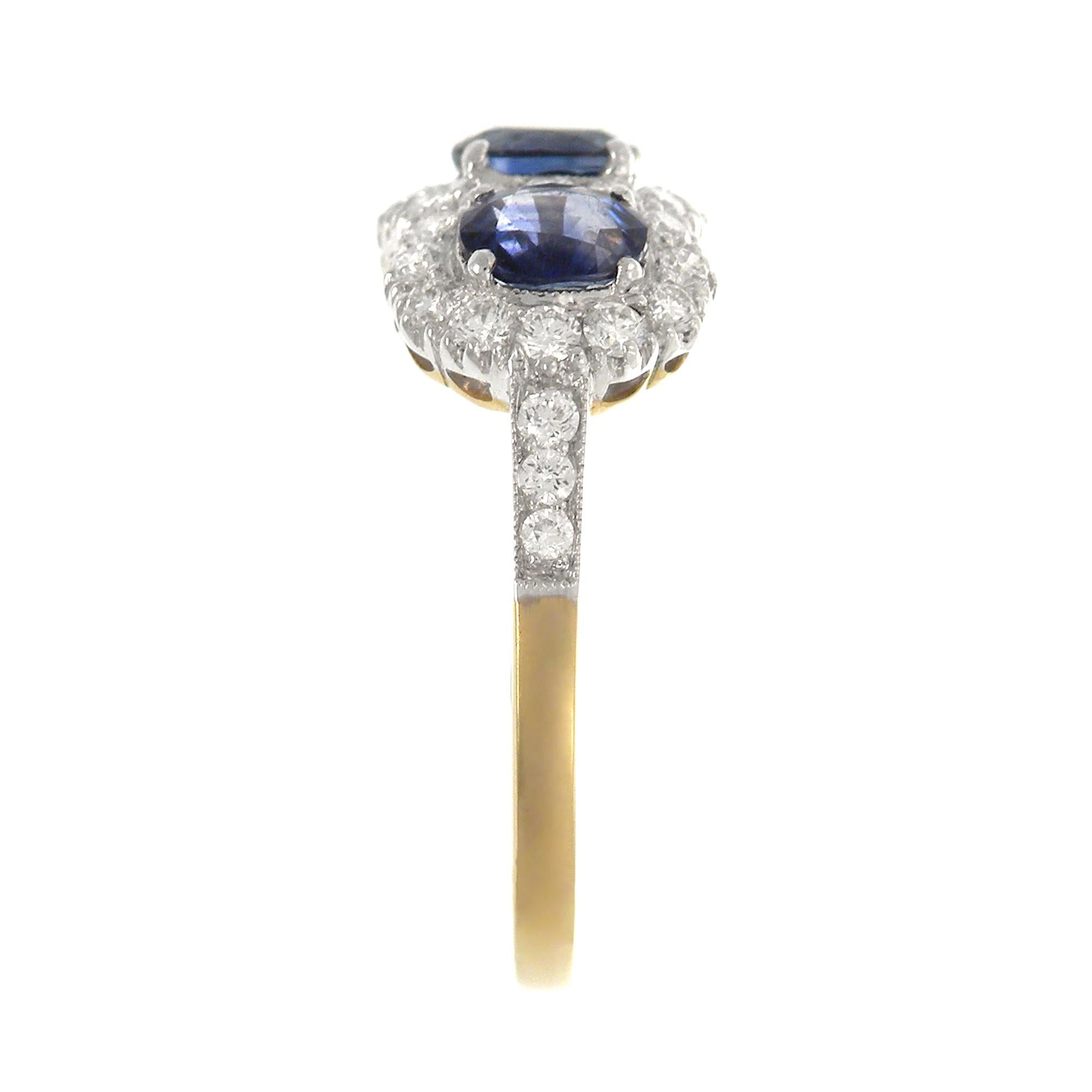 Contemporary 18 Karat Gold Two-Tone Classic Three-Stone Sapphires and Diamond Ring For Sale