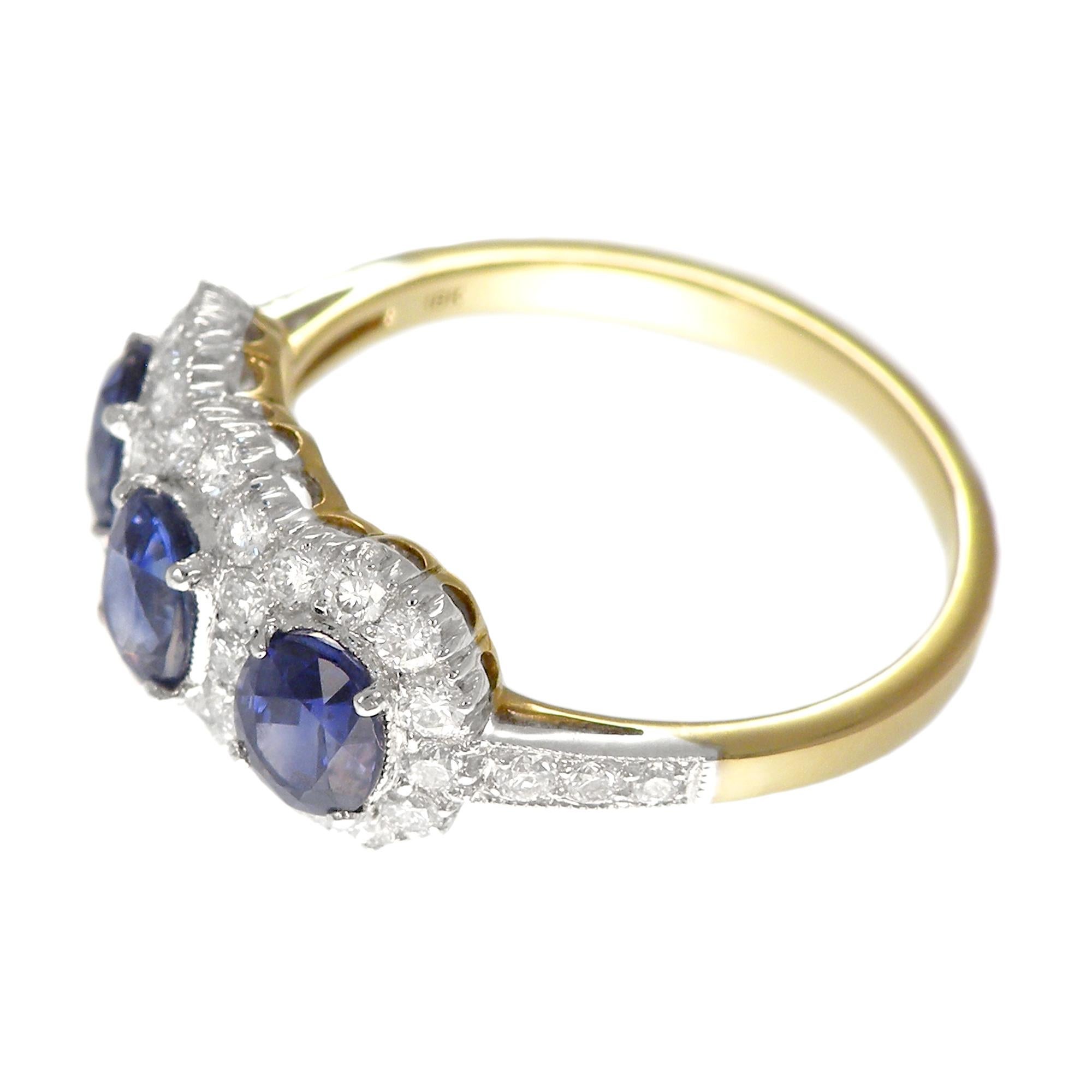 Women's or Men's 18 Karat Gold Two-Tone Classic Three-Stone Sapphires and Diamond Ring For Sale