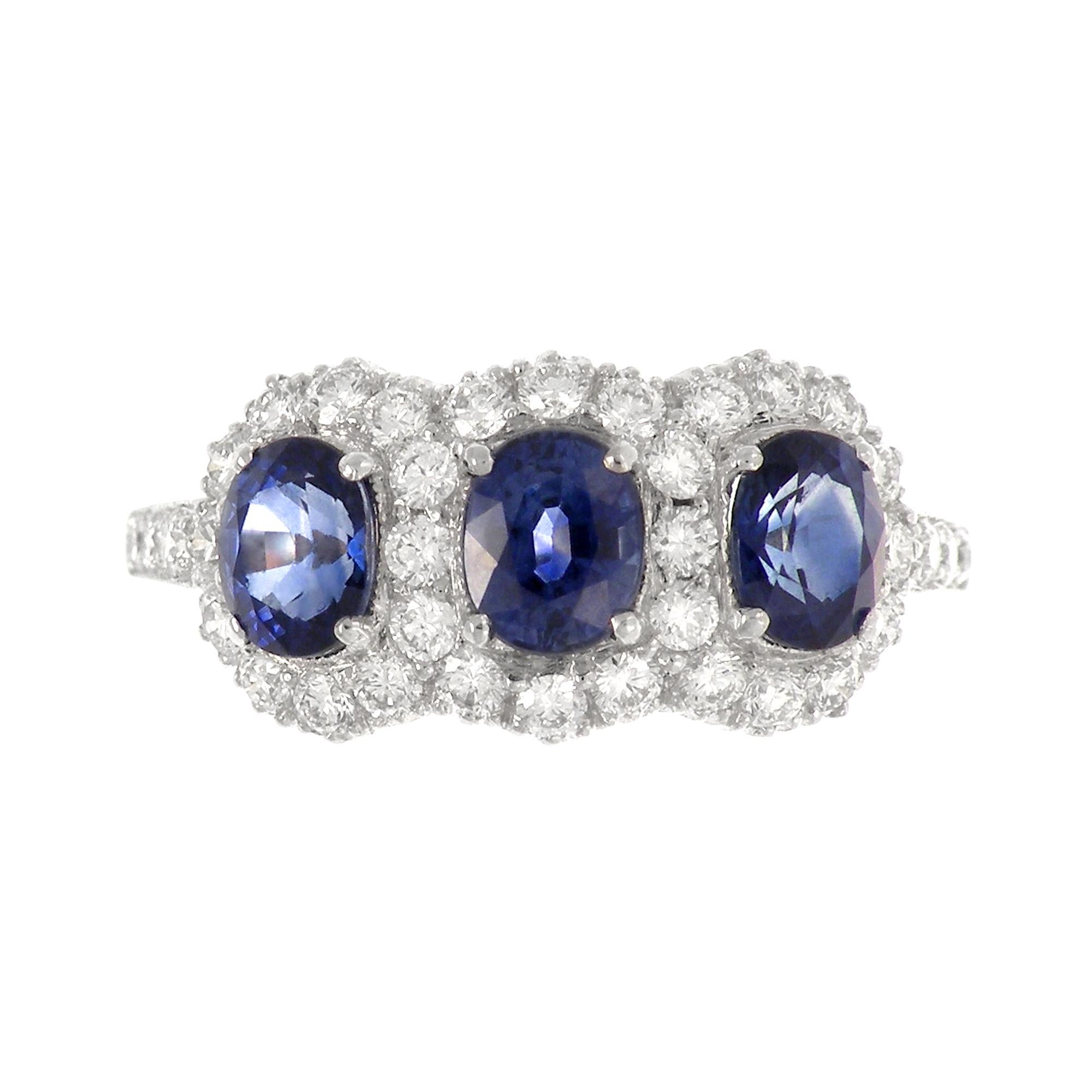18 Karat Gold Two-Tone Classic Three-Stone Sapphires and Diamond Ring For Sale