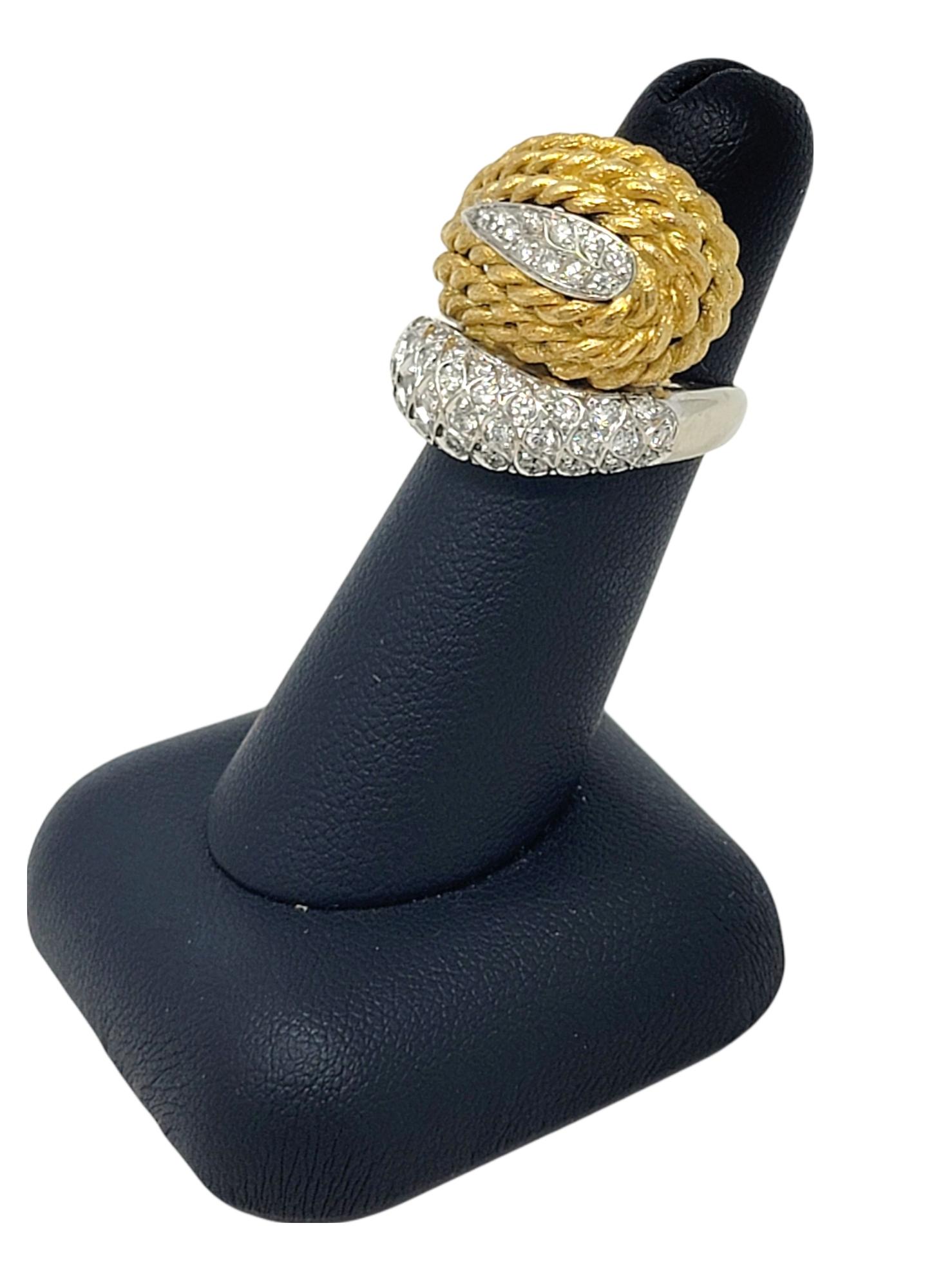 18 Karat Gold Two Tone Rope Detail Wrap Style Dome Ring with Diamond Accents For Sale 3