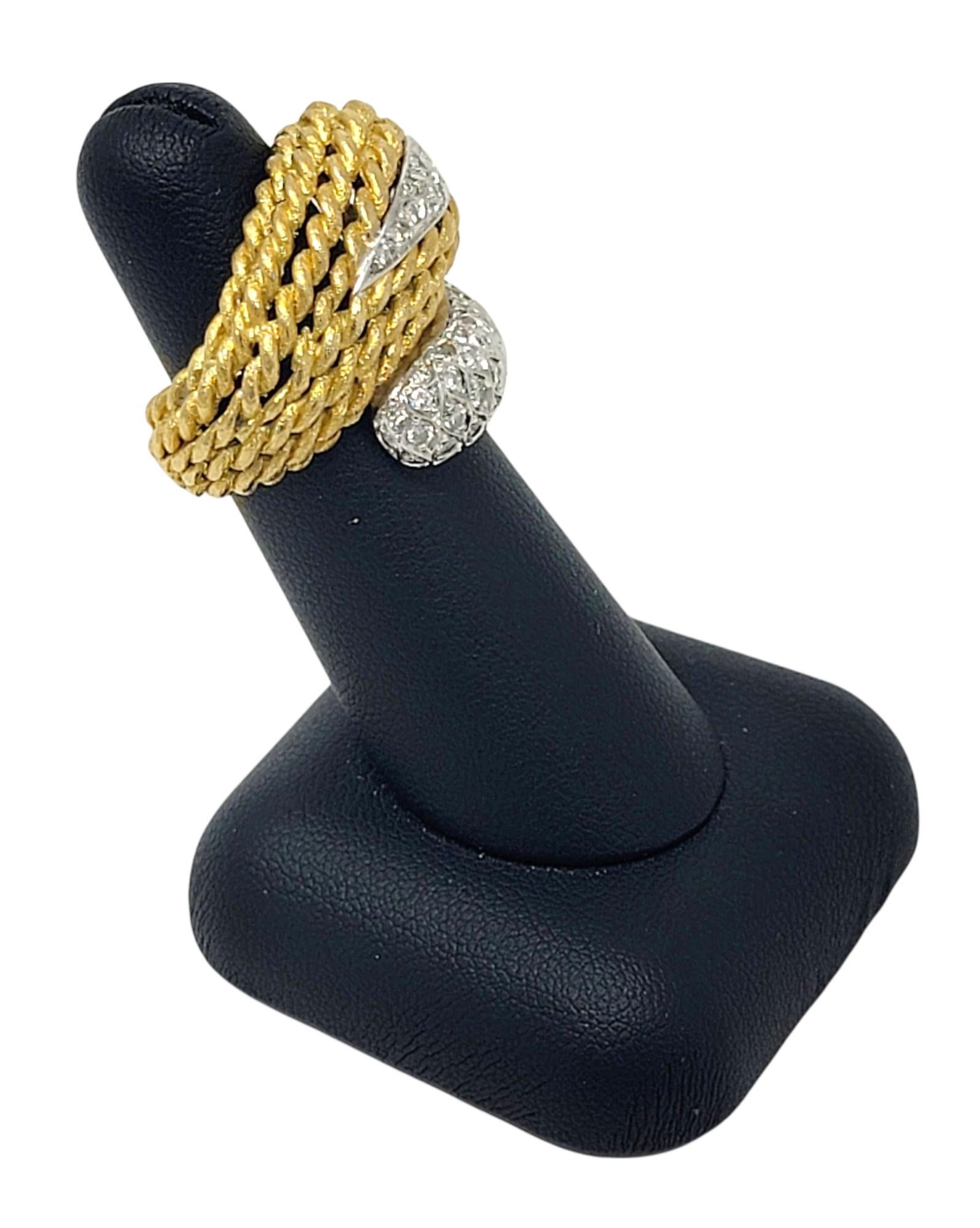 18 Karat Gold Two Tone Rope Detail Wrap Style Dome Ring with Diamond Accents For Sale 4