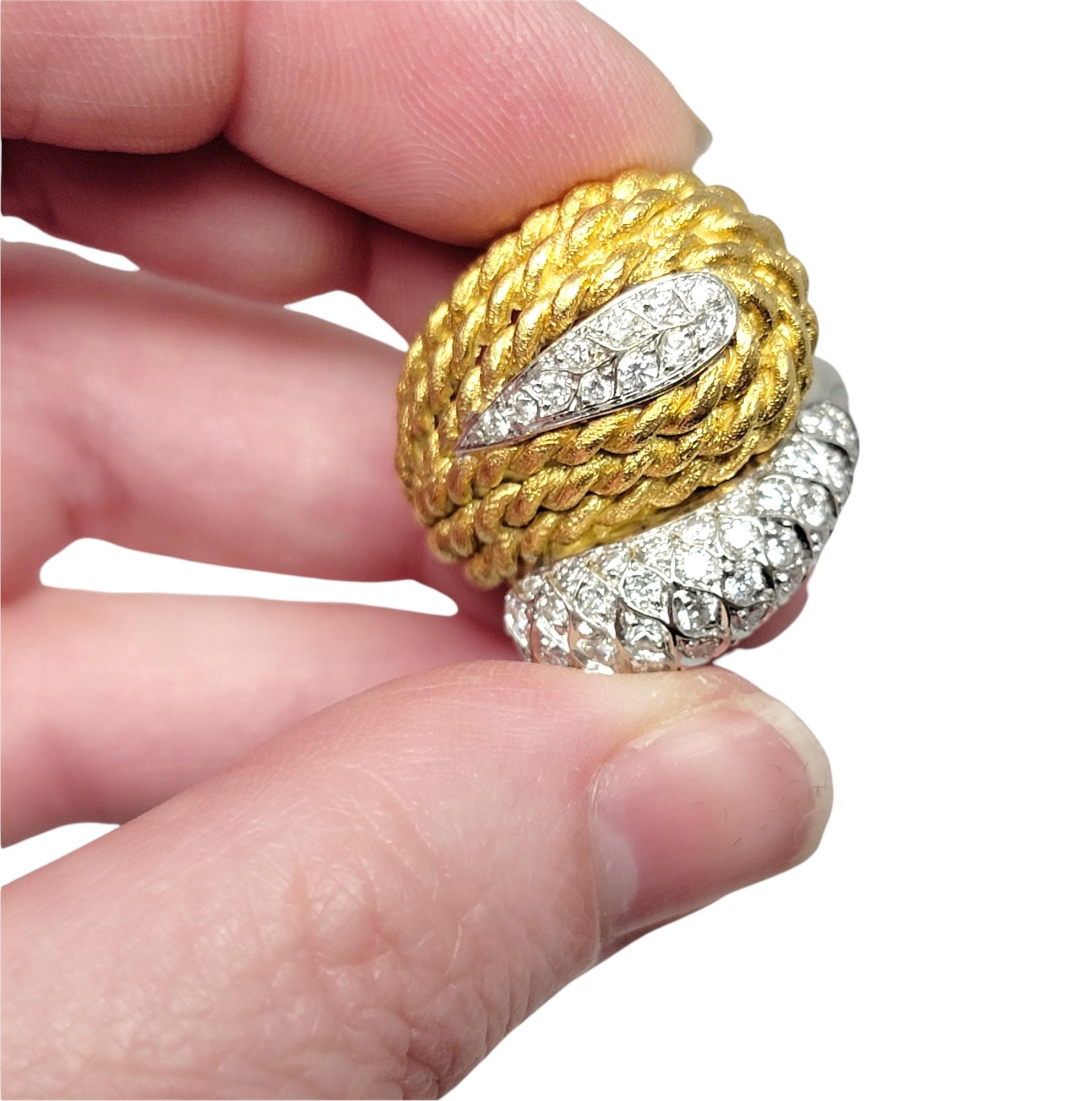 18 Karat Gold Two Tone Rope Detail Wrap Style Dome Ring with Diamond Accents For Sale 5