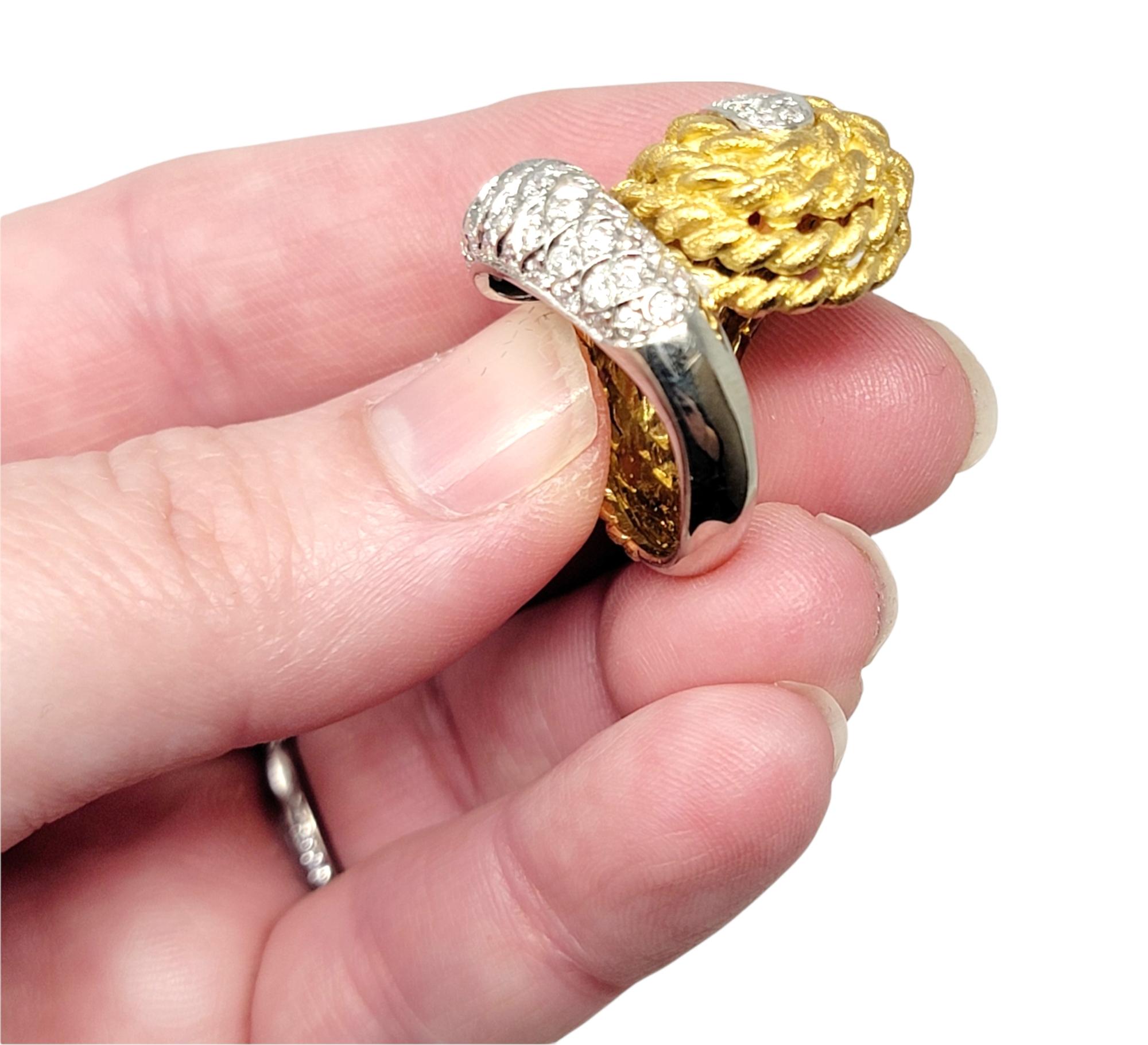 18 Karat Gold Two Tone Rope Detail Wrap Style Dome Ring with Diamond Accents For Sale 6