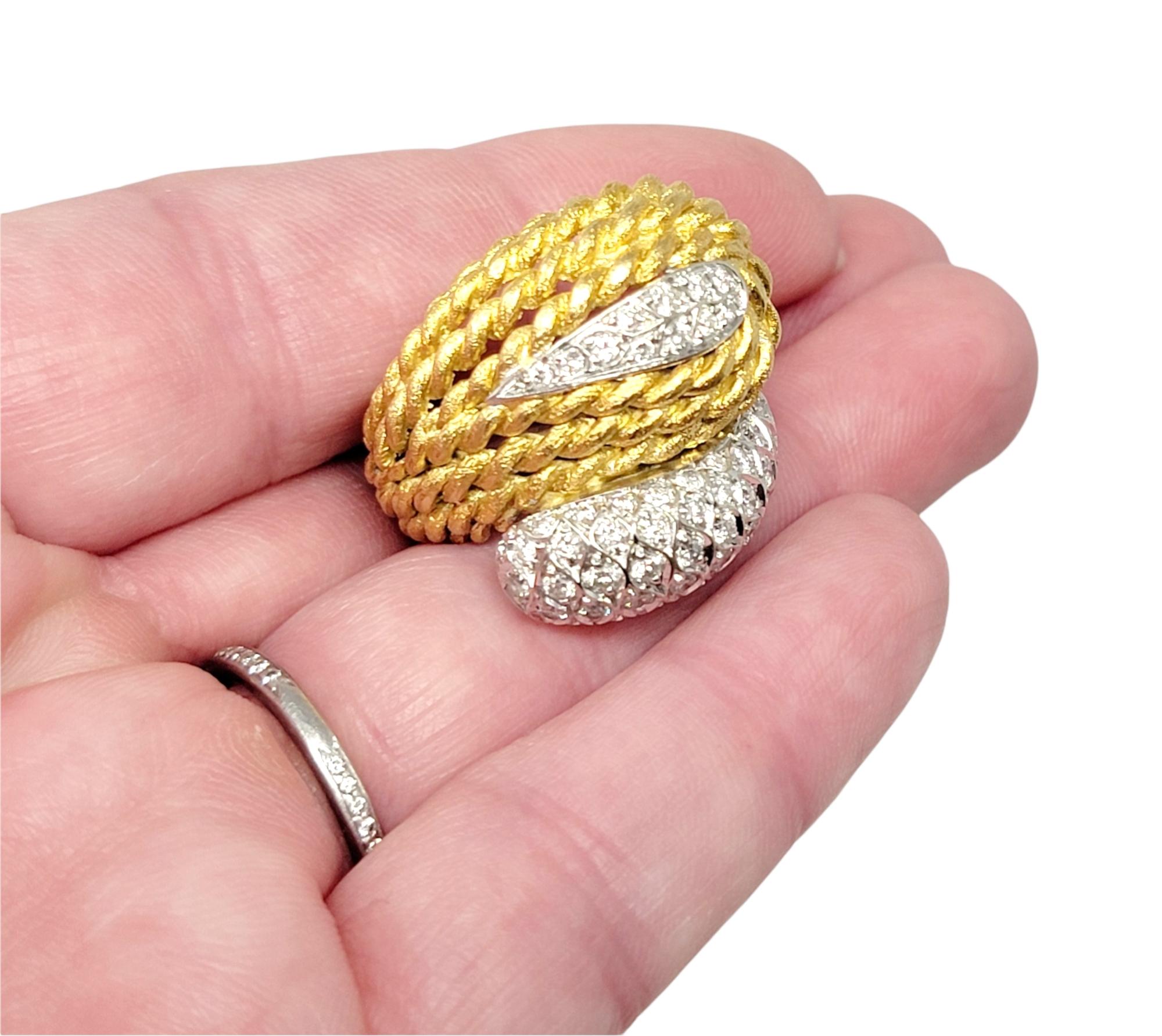 18 Karat Gold Two Tone Rope Detail Wrap Style Dome Ring with Diamond Accents For Sale 7