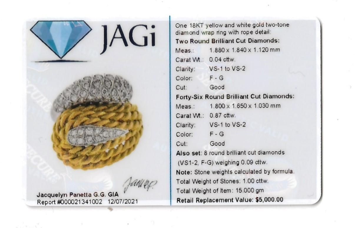 18 Karat Gold zweifarbiger Kuppelring mit Seildetail im Wickelstil mit Diamant-Akzenten im Angebot 9