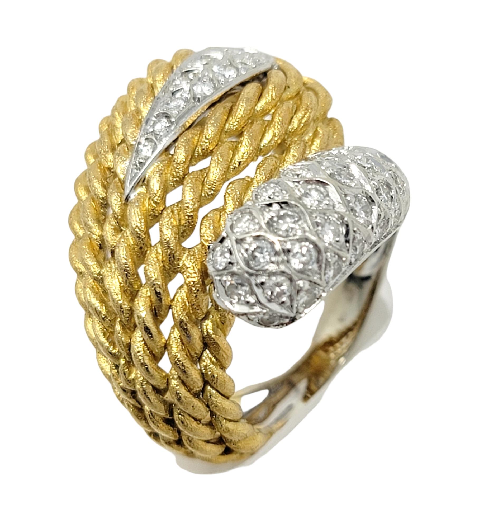 Contemporary 18 Karat Gold Two Tone Rope Detail Wrap Style Dome Ring with Diamond Accents For Sale