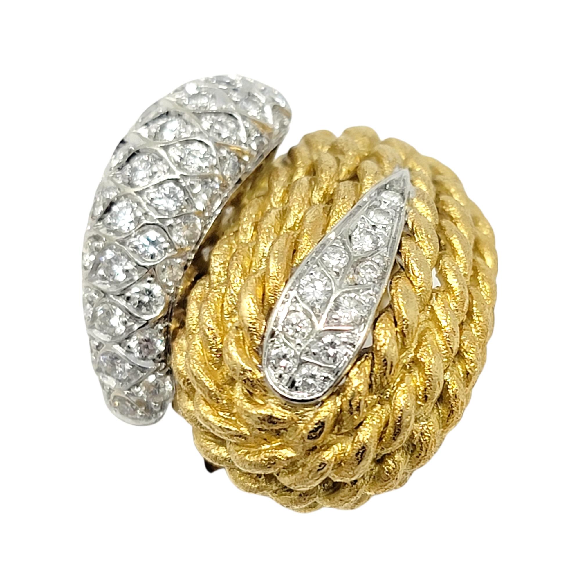 Round Cut 18 Karat Gold Two Tone Rope Detail Wrap Style Dome Ring with Diamond Accents For Sale