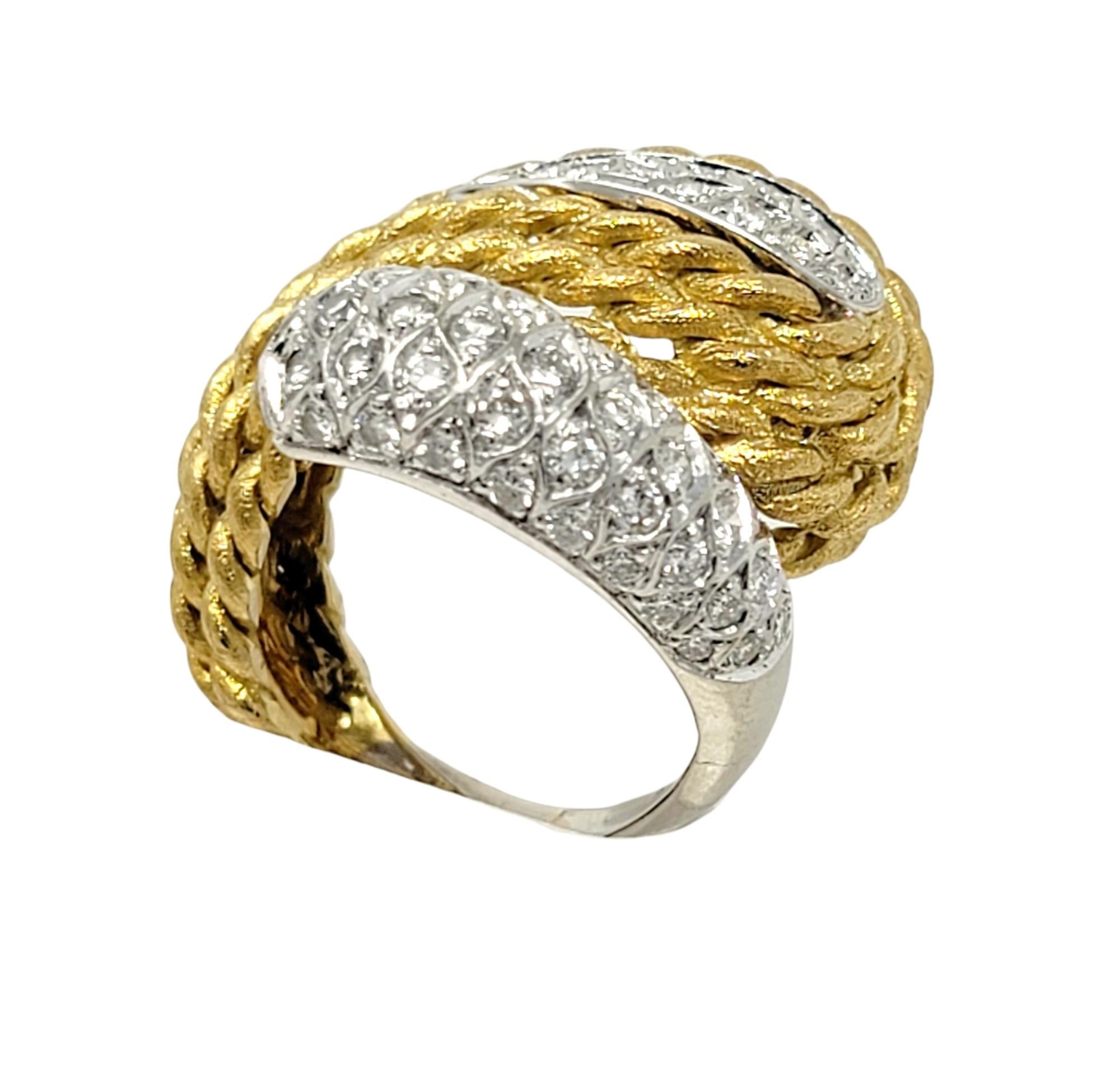 18 Karat Gold Two Tone Rope Detail Wrap Style Dome Ring with Diamond Accents In Good Condition For Sale In Scottsdale, AZ