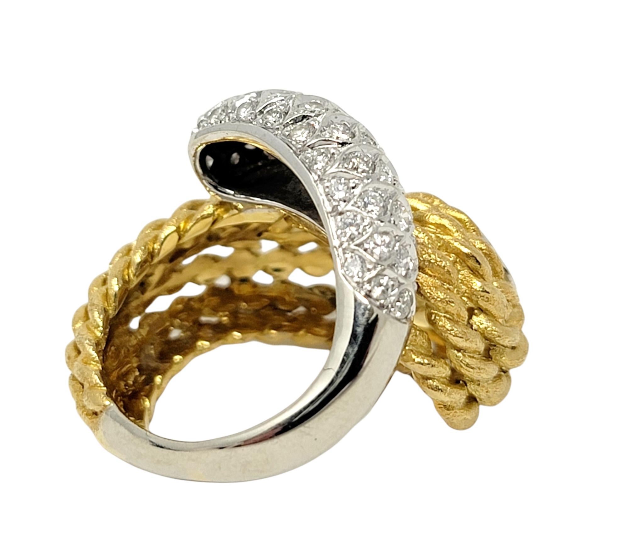 18 Karat Gold Two Tone Rope Detail Wrap Style Dome Ring with Diamond Accents For Sale 1