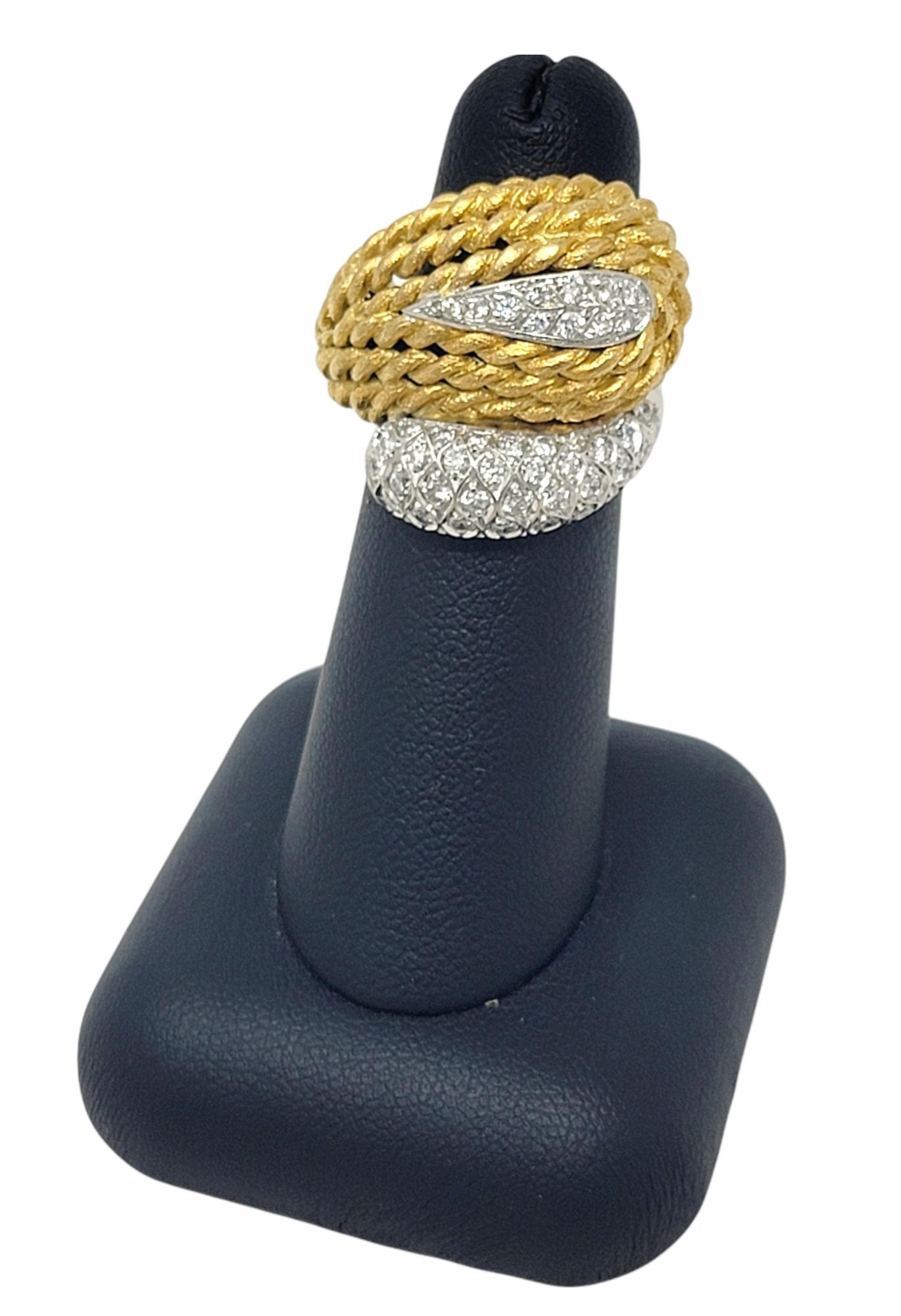 18 Karat Gold Two Tone Rope Detail Wrap Style Dome Ring with Diamond Accents For Sale 2