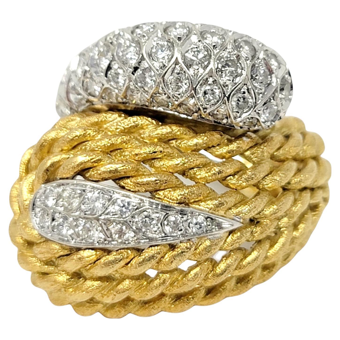 18 Karat Gold Two Tone Rope Detail Wrap Style Dome Ring with Diamond Accents For Sale