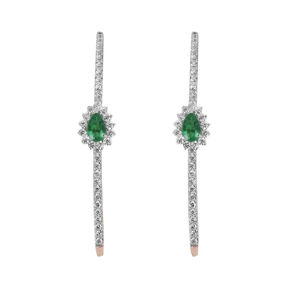 18 Karat Gold Two Tone White Gold Rose Gold Long Earring Long Bar Emerald Oval For Sale
