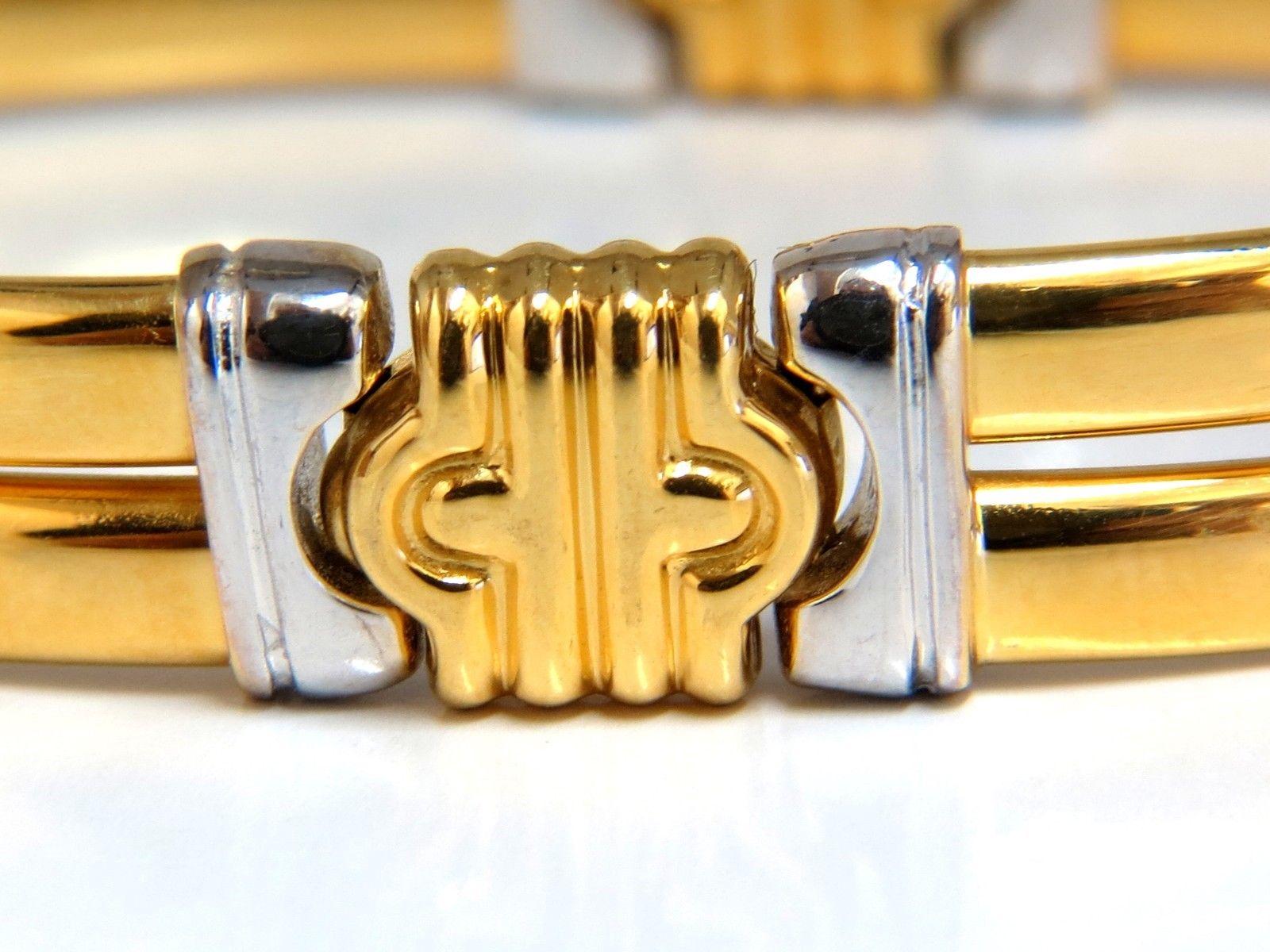 Mod, Two Toned Double Slim Cuff Bracelet

Byzantine Deco

Smooth & High Shine

7 inch / wearable length

26 Grams.

10.6mm wide

18kt yellow / white Gold.

Secure & Comfortable clasp

*Matching Necklace is Available, please inquire.