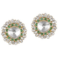18 Karat Gold, Uncut Diamond and Emerald Earrings Stud Made in India