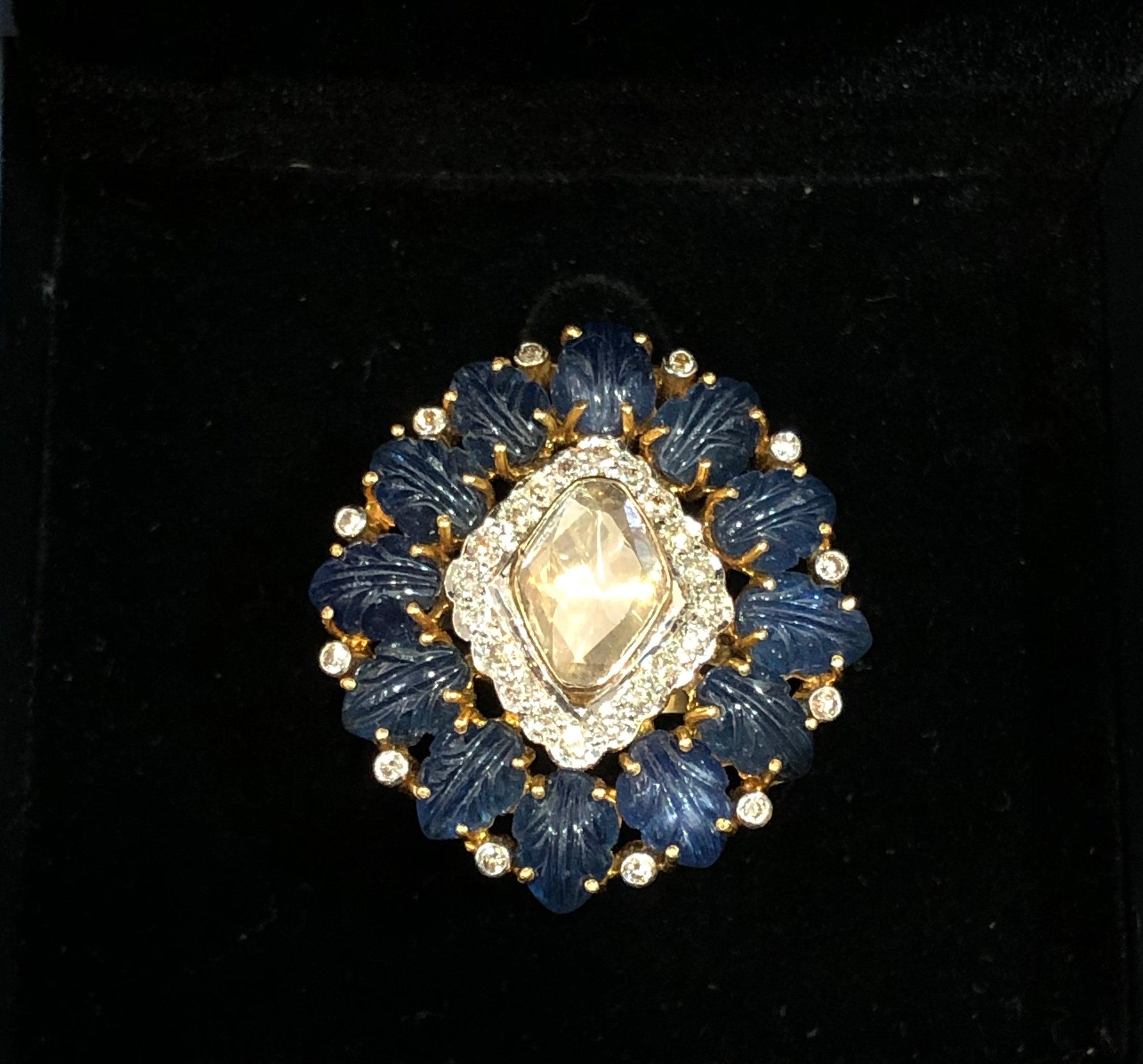 For Sale:  18 Karat Gold Uncut Diamond Blue Sapphire Diamond Cocktail Ring 2