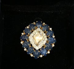 18 Karat Gold Uncut Diamond Blue Sapphire Diamond Cocktail Ring